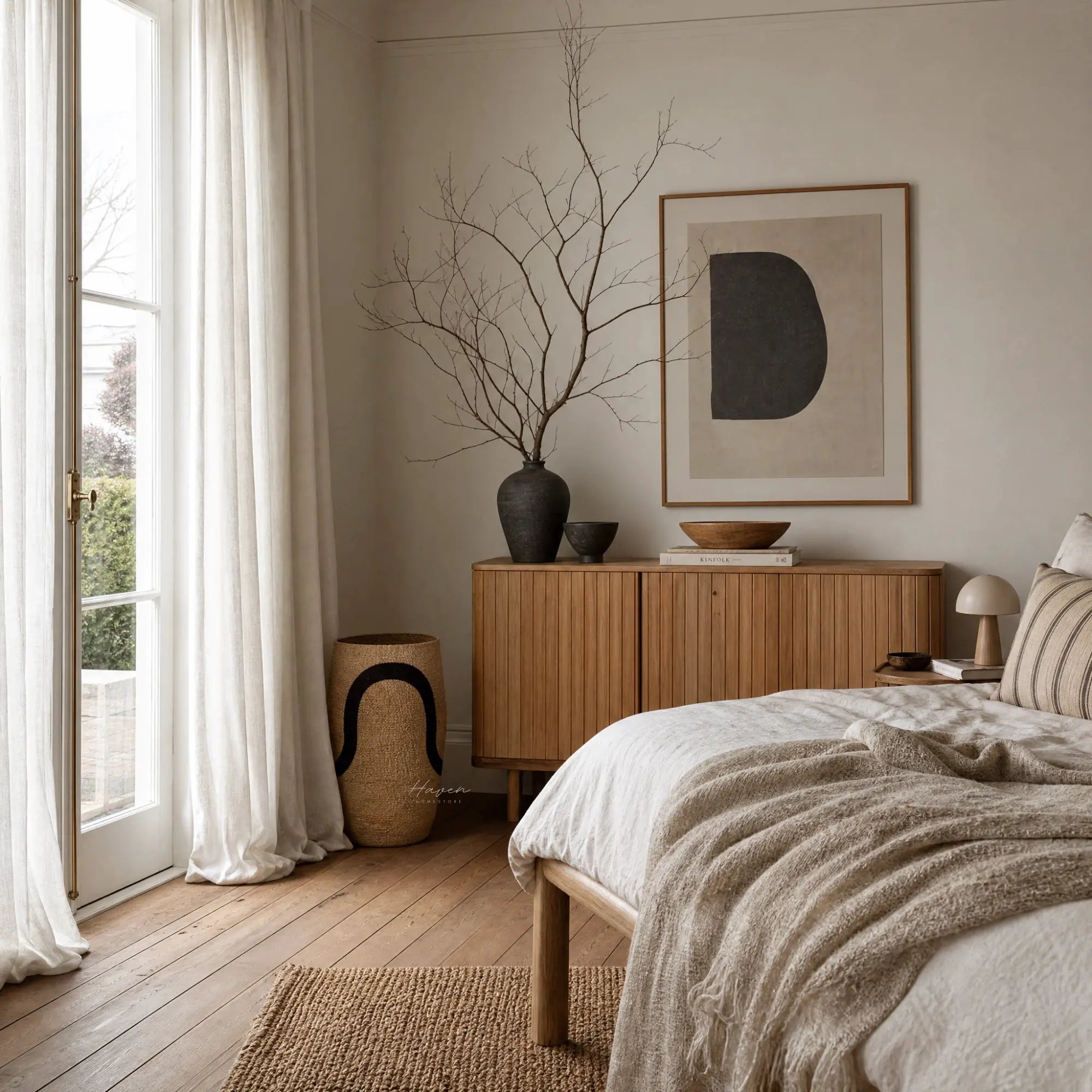 Handwoven Sana Basket Set/2 in natural seagrass, crafted in India, adds warmth to a neutral bedroom.