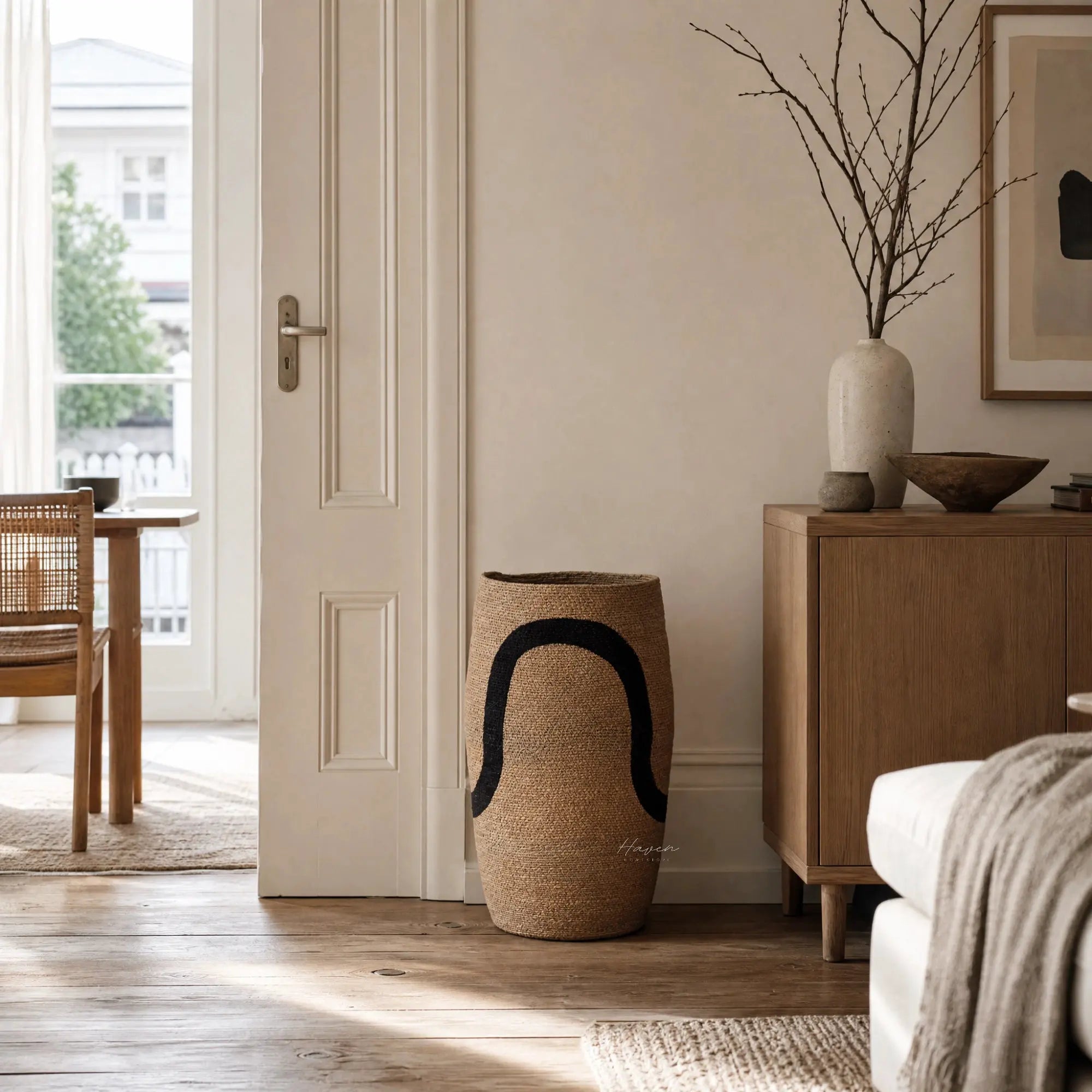 Sana Basket Set/2: handwoven seagrass baskets with bold curved design for natural, artisanal home decor.