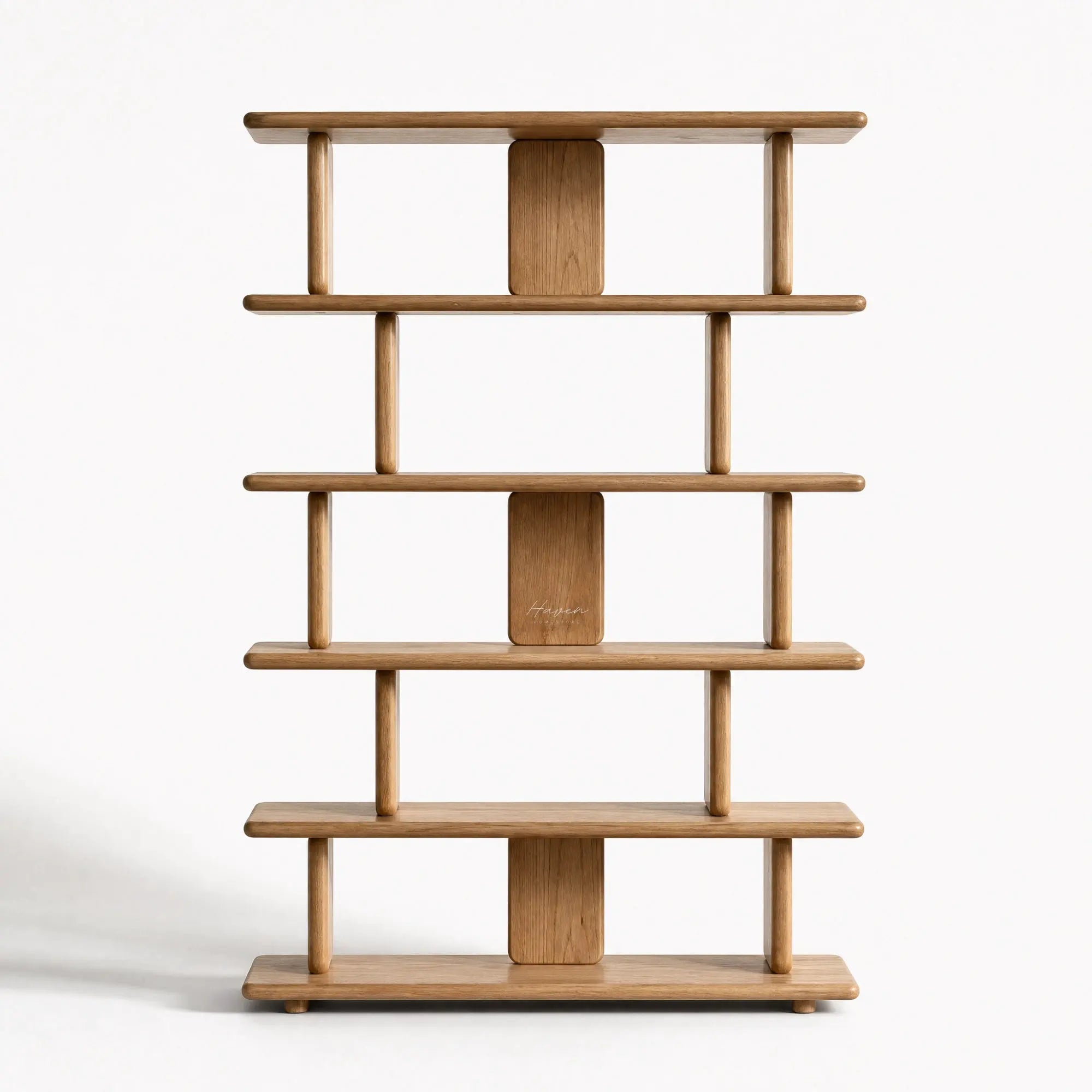 Jansen Shelving Unit - Natural timber with oak veneer, Nordic lines, open shelves for books and keepsakes.