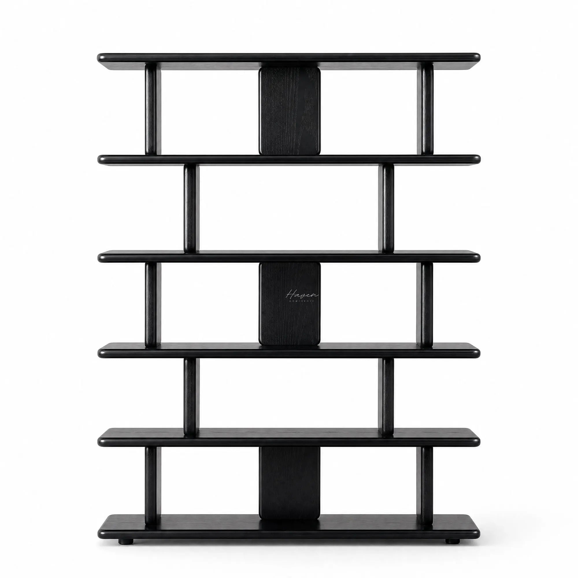 Jansen Shelving Unit - Black with solid timber and oak veneer, open architectural shelves for books and keepsakes.