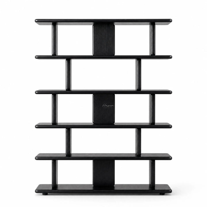 Jansen Shelving Unit - Black with solid timber and oak veneer, open architectural shelves for books and keepsakes.