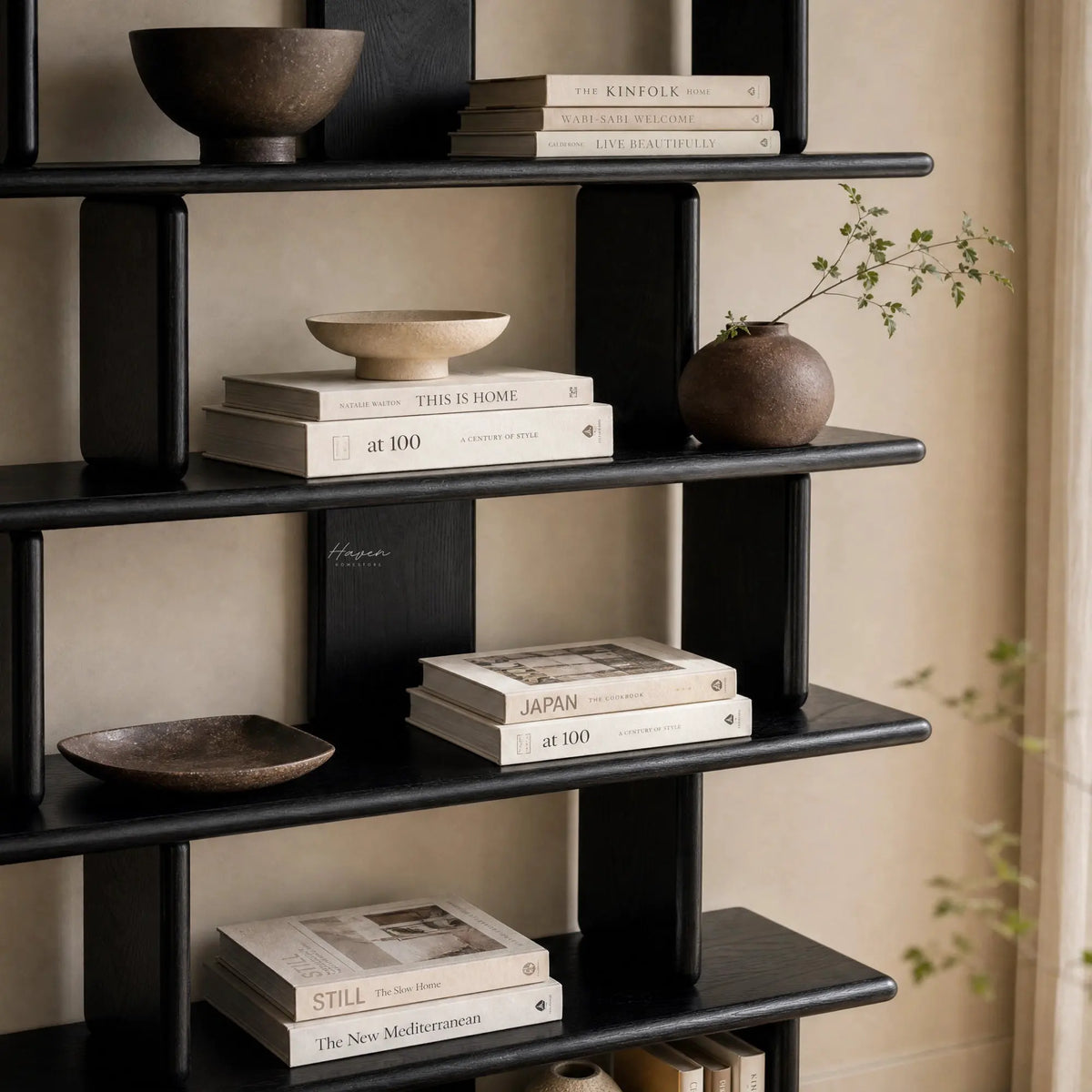 Jansen Shelving Unit - Black, solid timber with oak veneer, open Nordic shelves for books, ceramics, and keepsakes.