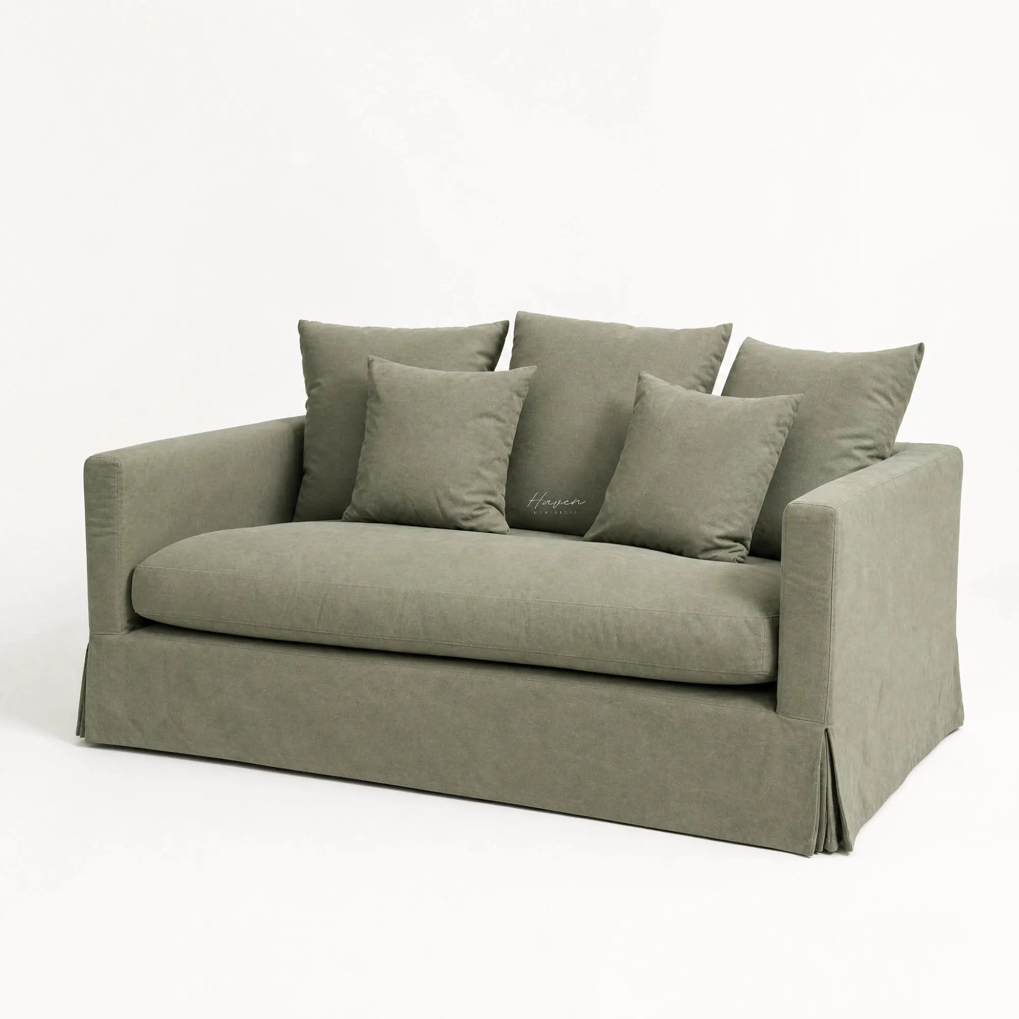 Coast 2 Seat Sofa - Sage in soft cotton-blend slipcover with plush cushions.