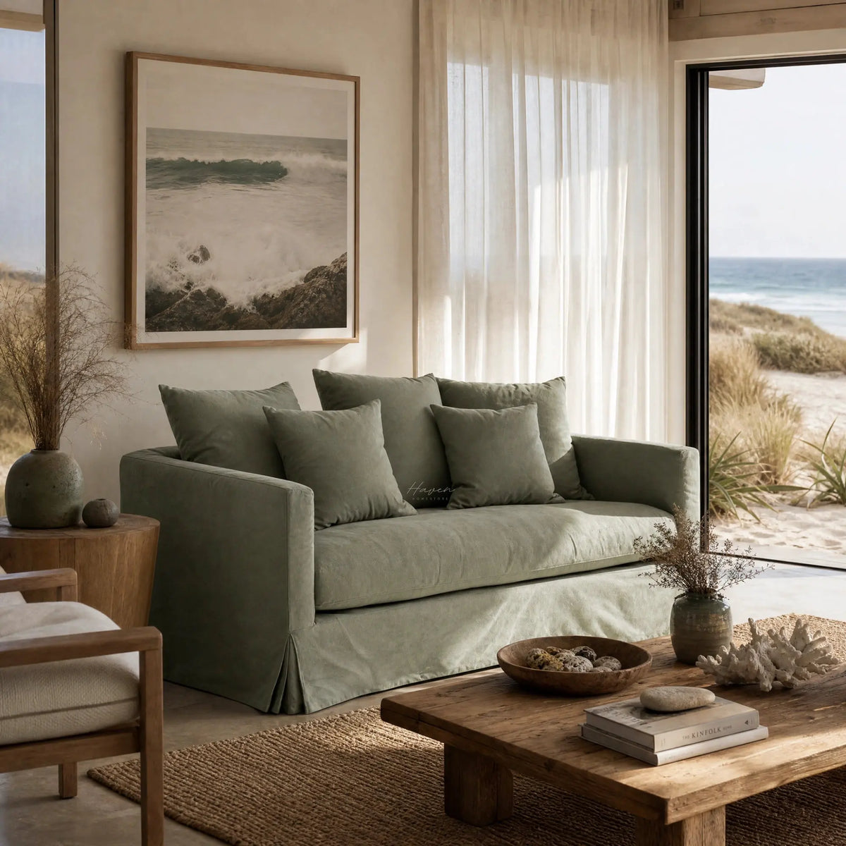 Coast 2 Seat Sofa Sage with cotton-blend slipcovered upholstery in a sunlit coastal living room, sea-view.