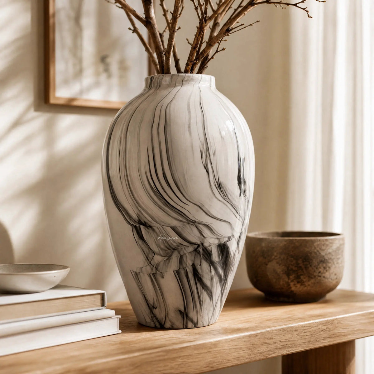 Broste Ingrid Vase Large with marble-like black and white glaze and softly rounded silhouette.