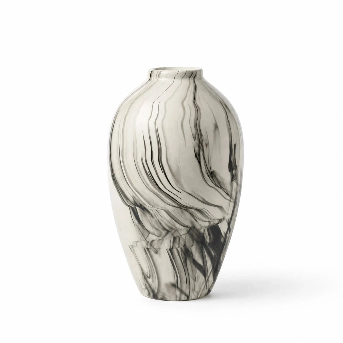 Broste Ingrid Vase Large with marble-like black and white glaze and a softly rounded silhouette.