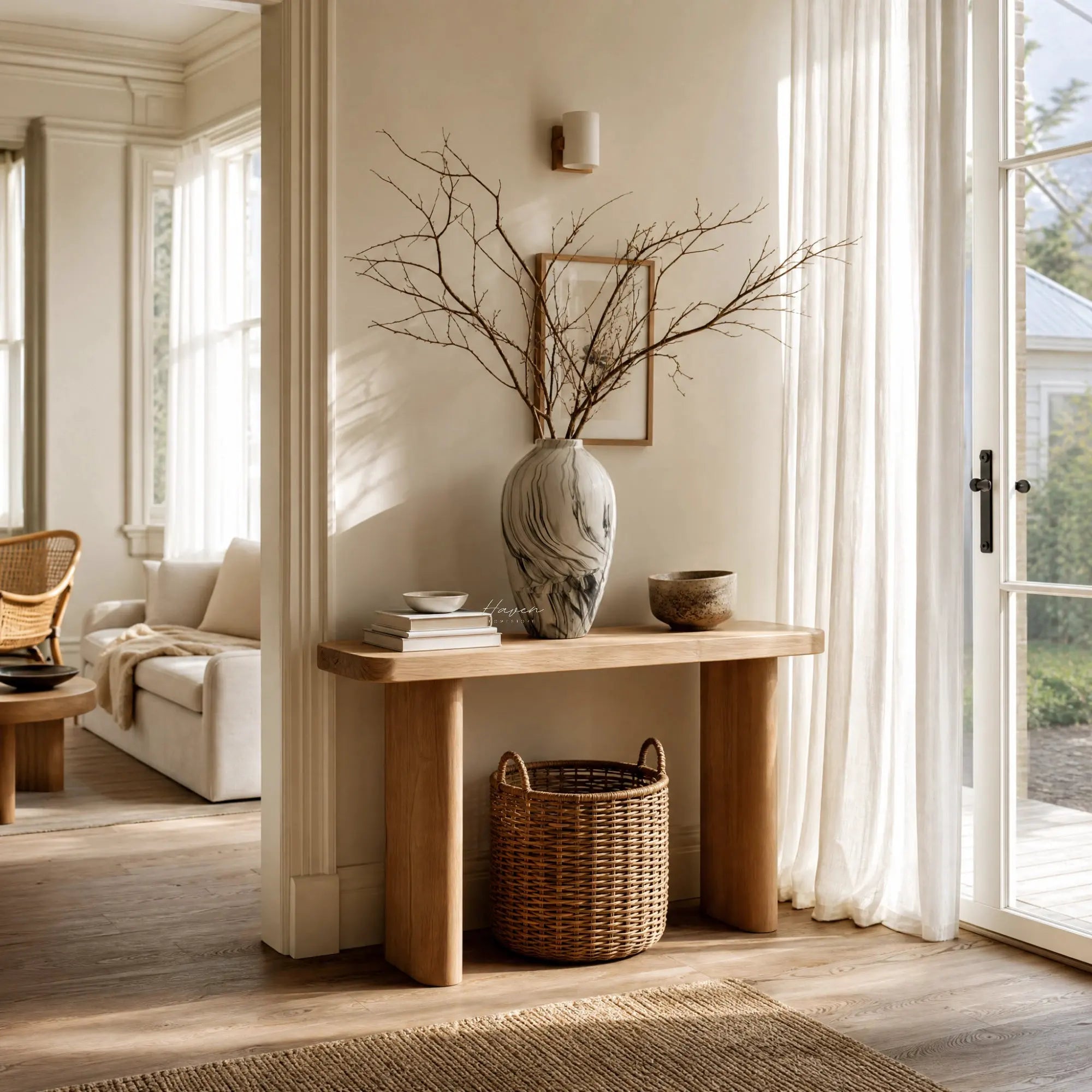Broste Ingrid Vase Large with black-and-white marble glaze on console, bare branches.