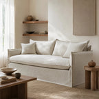 Marlow Sofa 3 Seat with linen-blend slipcover and feather cushions in a neutral living room.