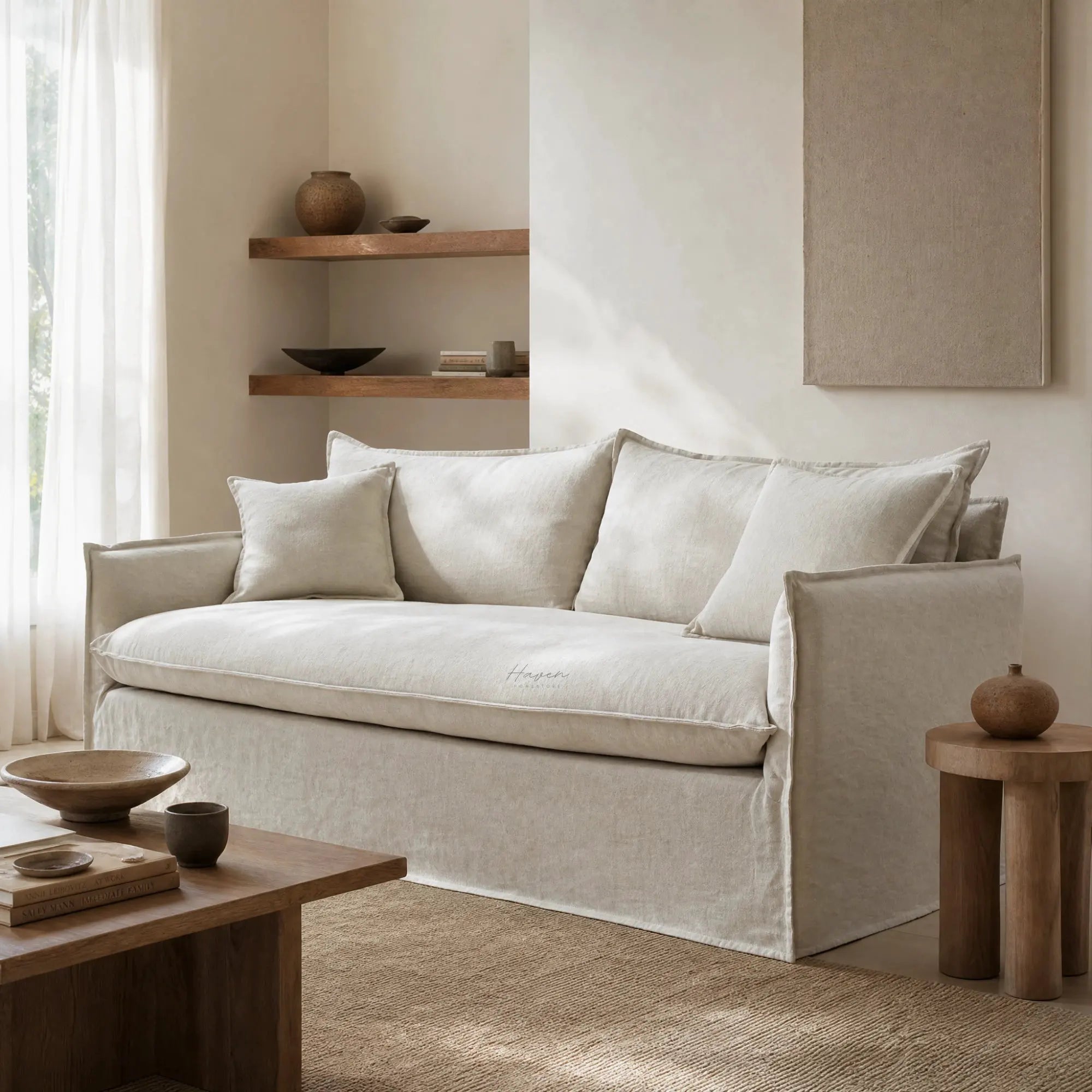 Marlow Sofa 3 Seat with linen-blend slipcover and feather cushions in a neutral living room.