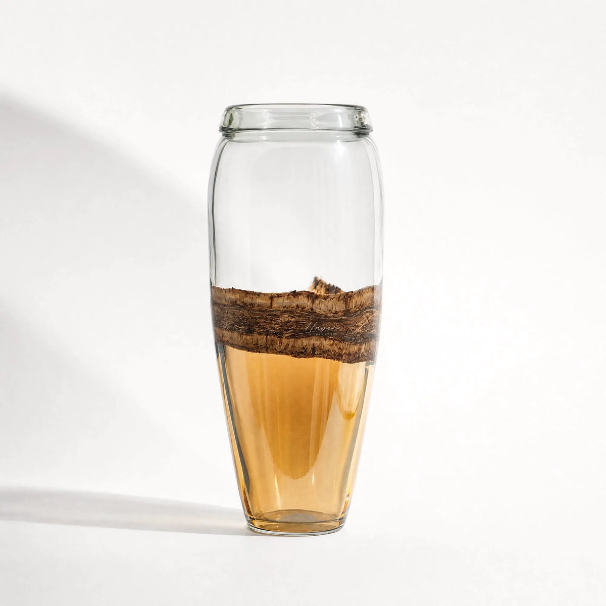 Desert Vase - Tall, sculptural glass vase with layered cork bands and amber-tinted bottom.
