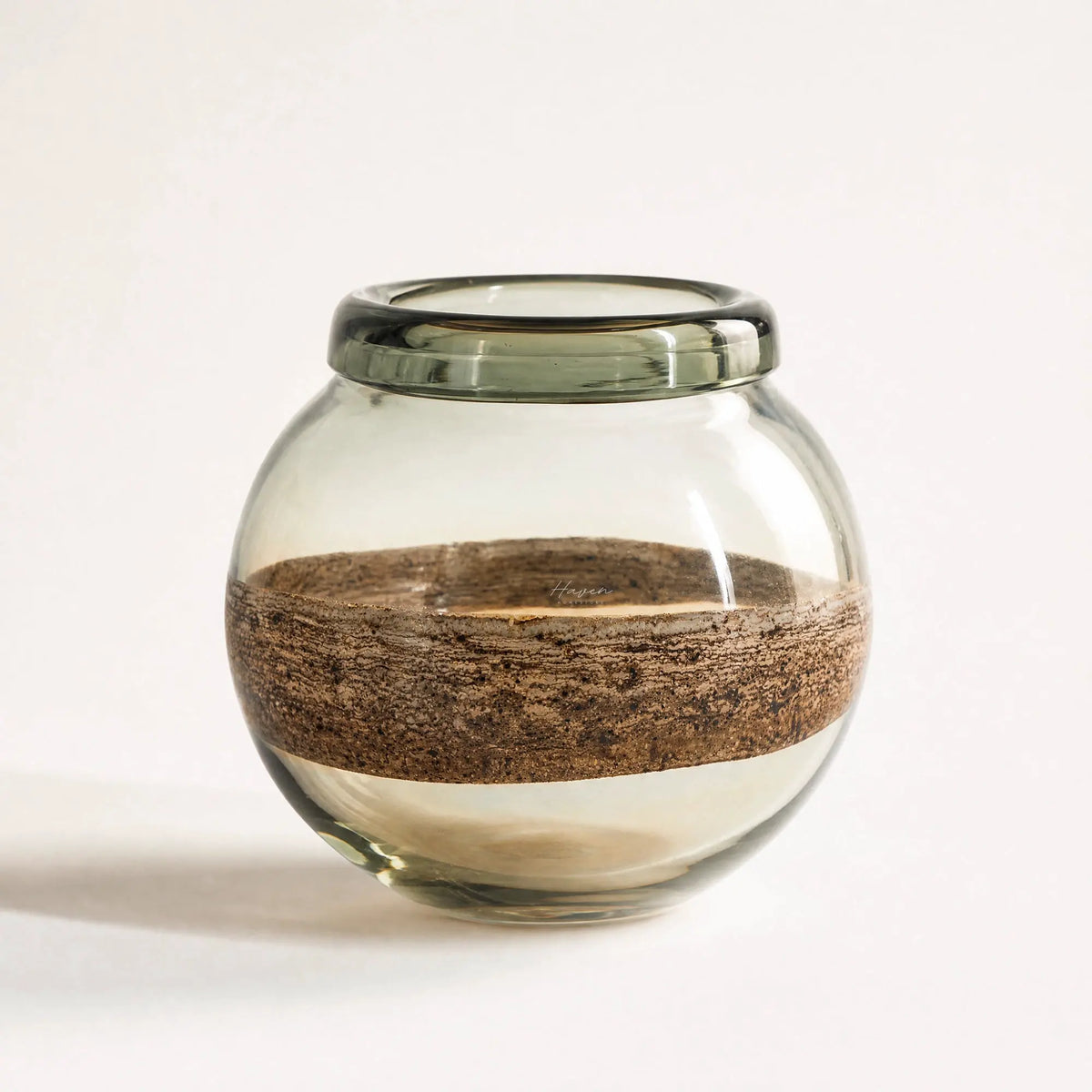 Desert Vase - Bowl with smoky glass rim and earthy textured band; sculptural glass vessel that catches the light.