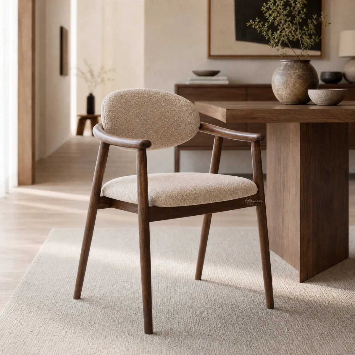 Aster Dining Chair with solid ash timber and soft beige upholstery in Japandi-inspired dining space.
