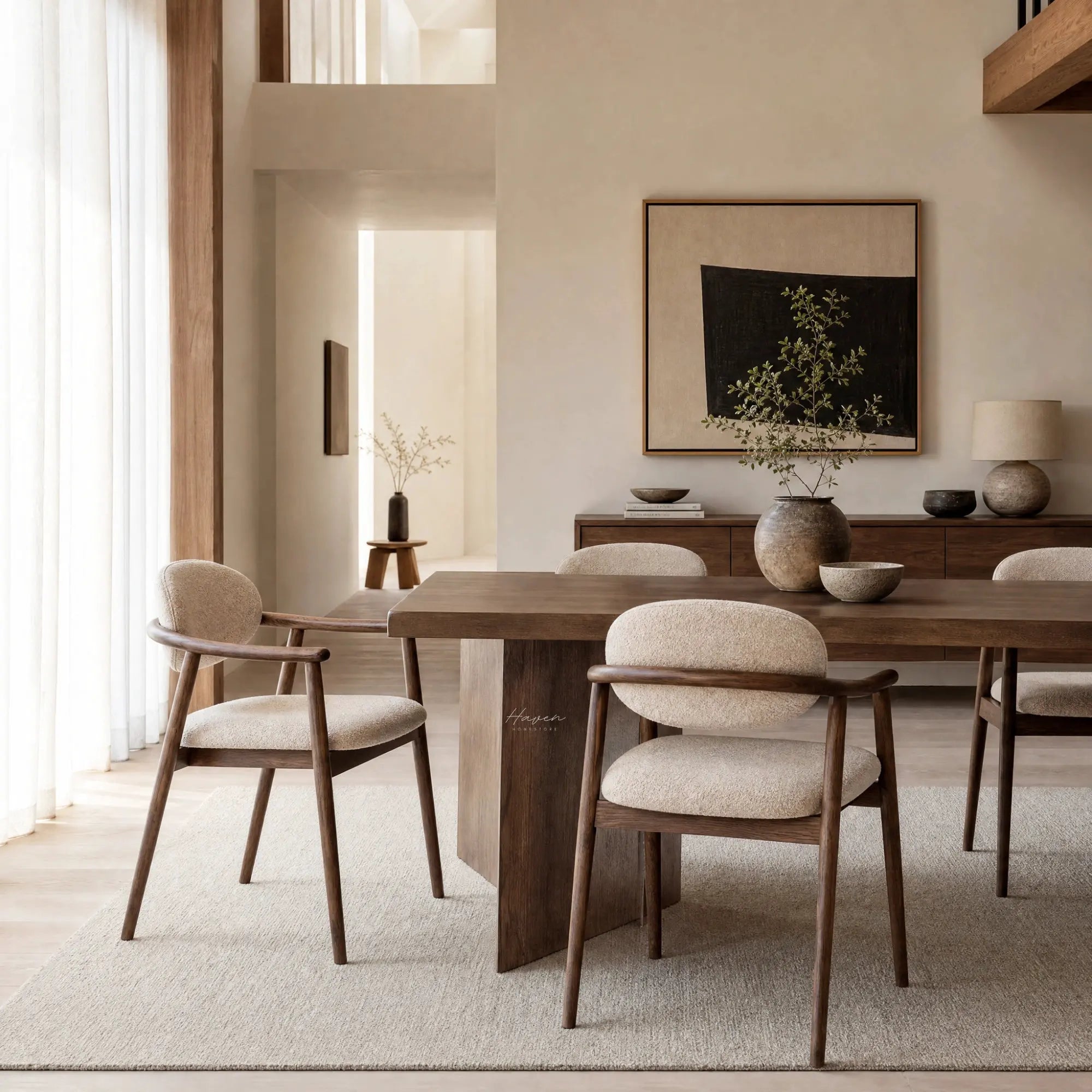 Aster Dining Chairs with solid ash frames and upholstered seats in a Japandi-inspired, gently curved silhouette.