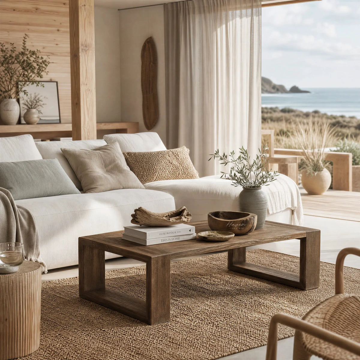 Estuary Coffee Table in reclaimed elm, a coastal living room centerpiece with natural textures and a beige sofa.