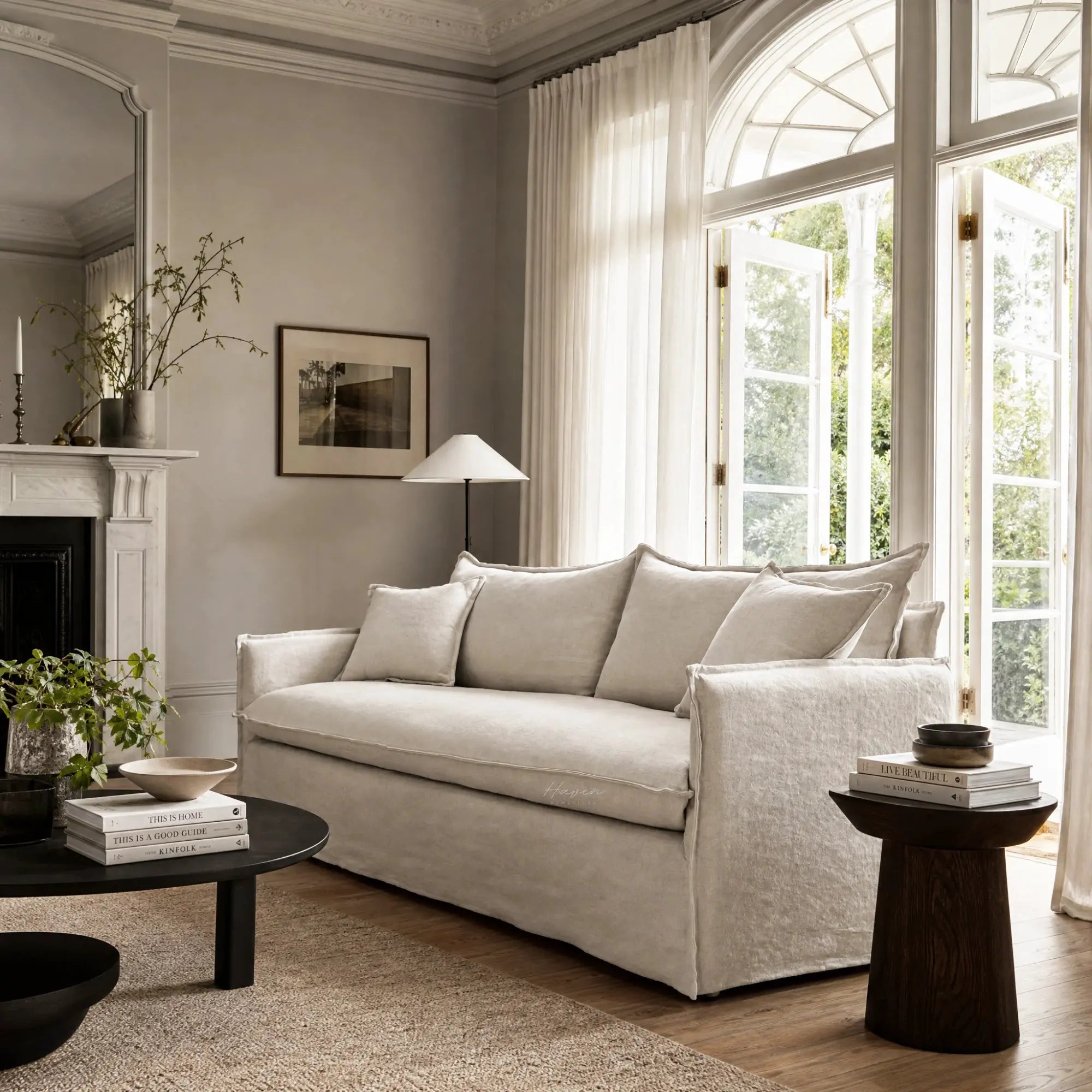 Marlow Sofa - 3 Seat in linen-blend slipcover with feather-filled cushions in a bright living room.