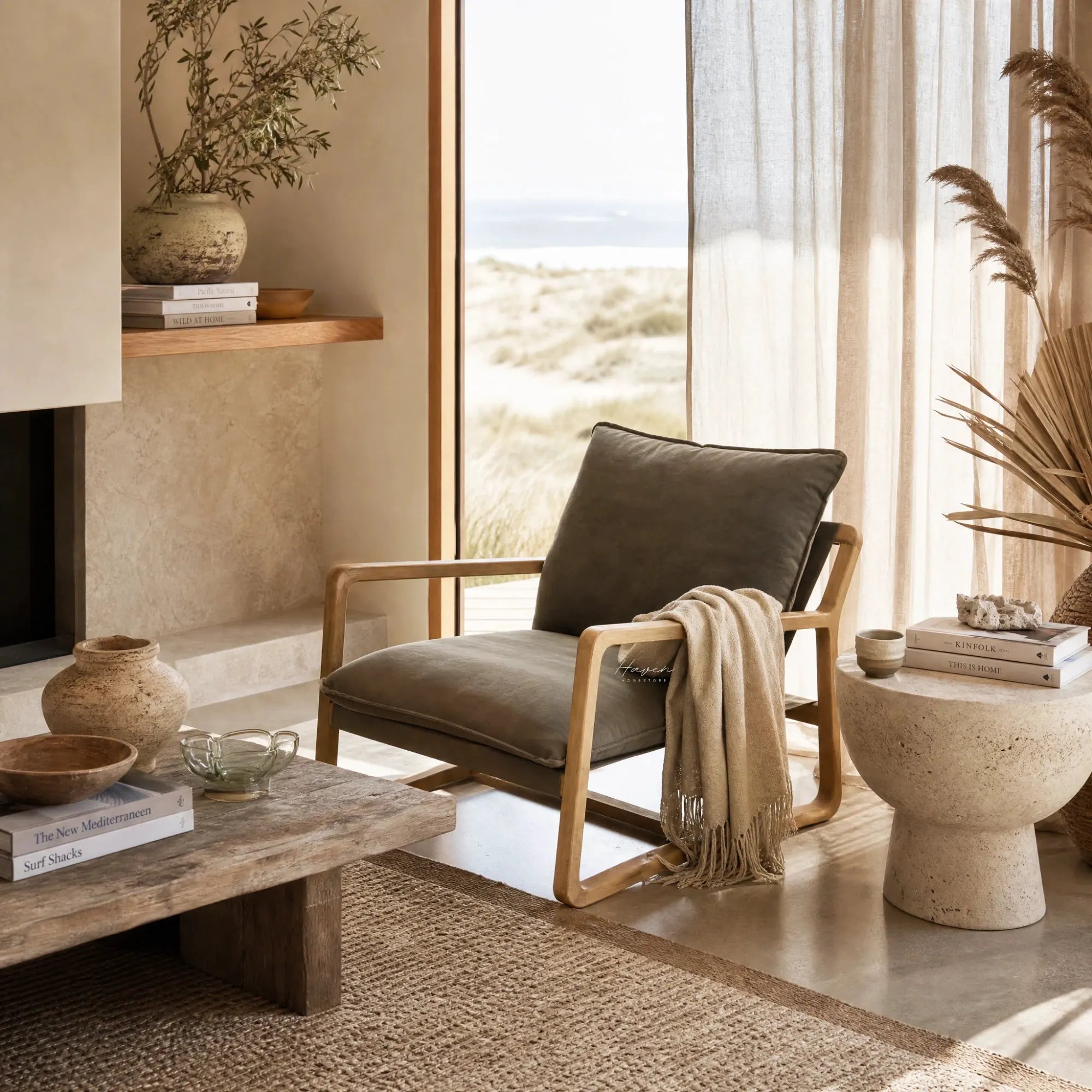 Tide Lounge Chair - Flax with solid oak frame and stone-washed cotton cushions in a coastal living room.