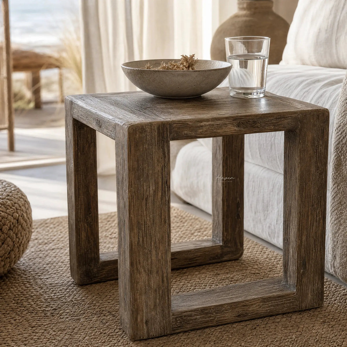Estuary Side Table in textured reclaimed elm with aged timber grain, a coastal rustic centerpiece.