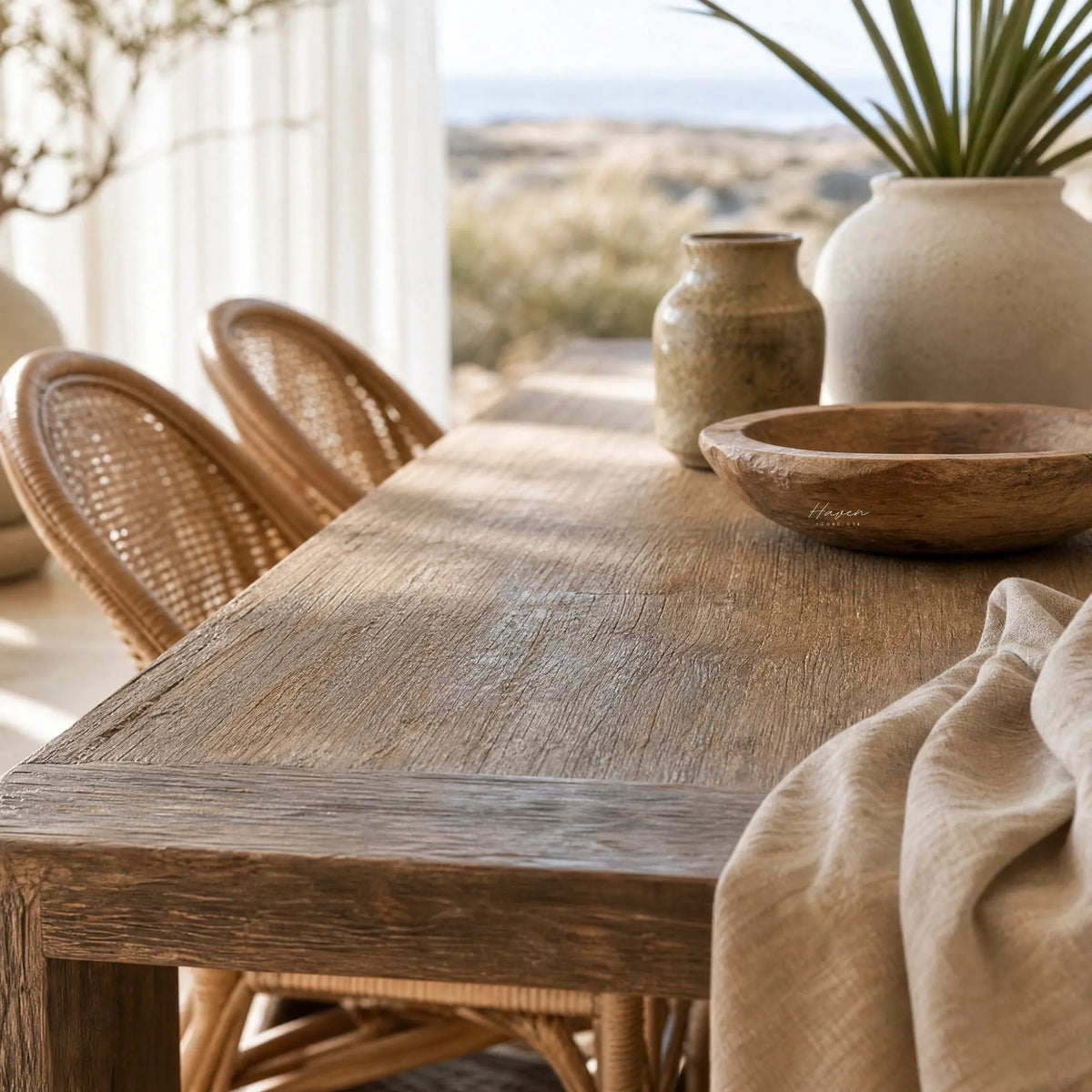 Reclaimed elm dining table with rich grain and knots, styled with rattan chairs, ceramic vessels, and linen near a coastal view.