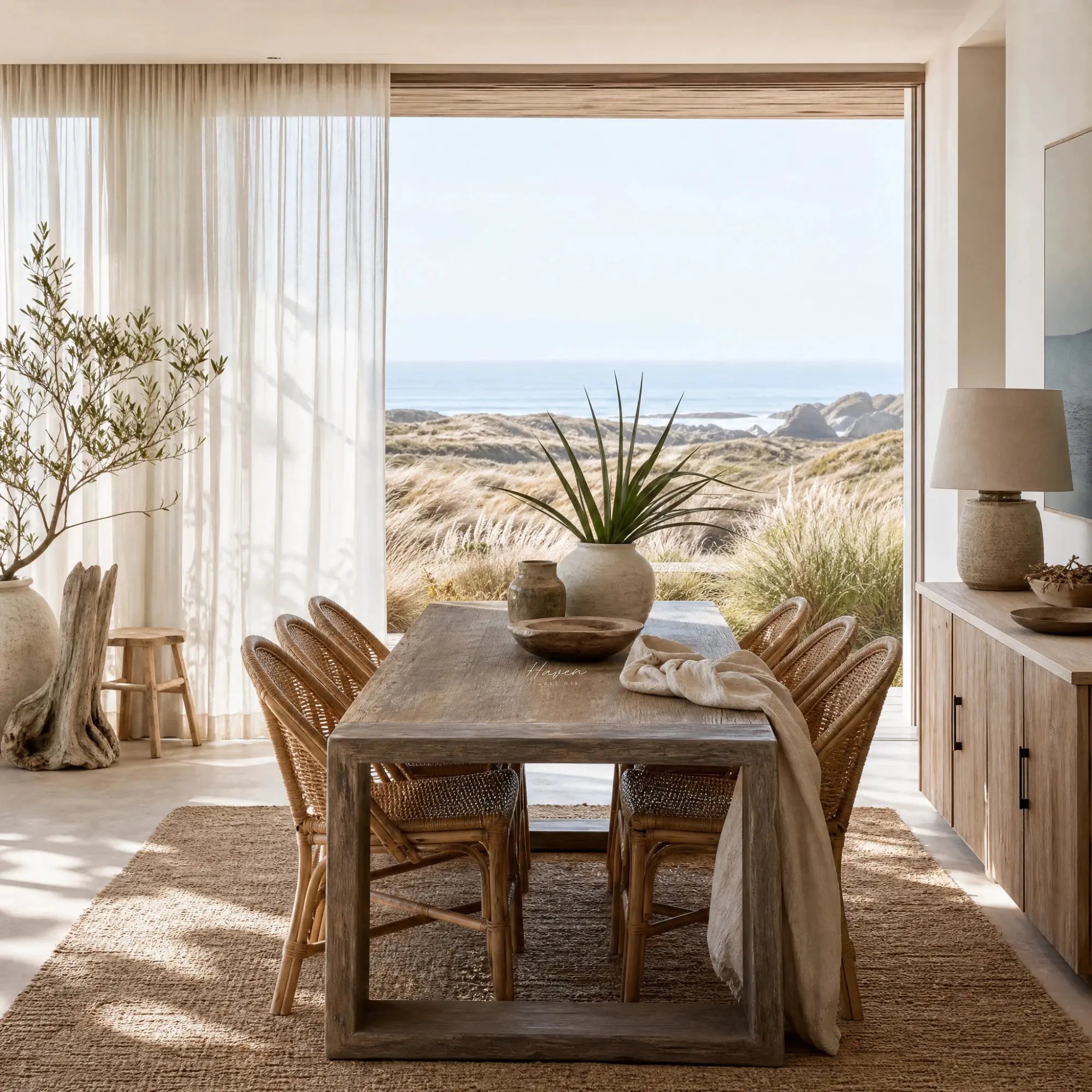 Estuary Dining Table in a coastal dining room, crafted from authentic reclaimed elm with rich grain and knots.