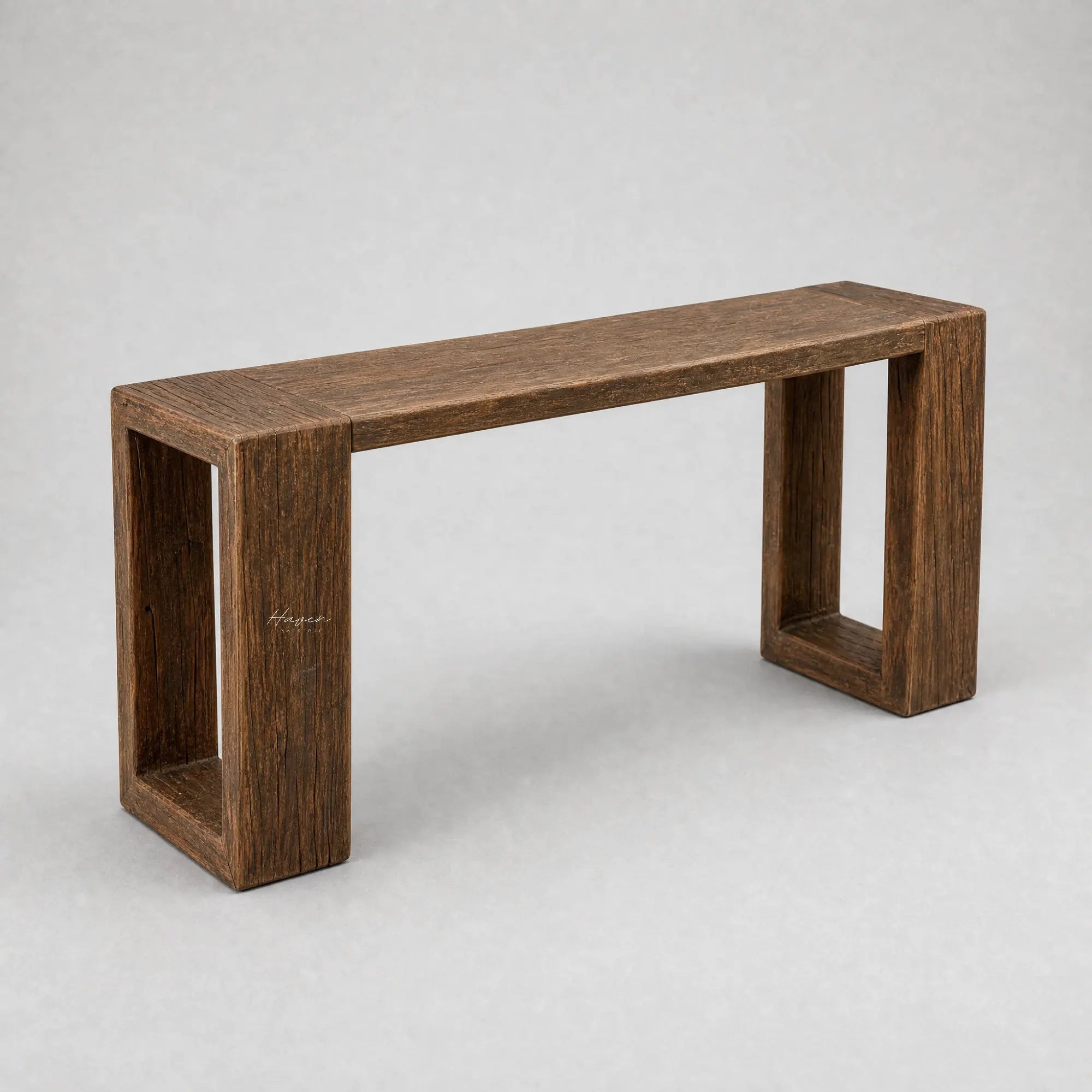 Estuary Console crafted from solid reclaimed elm with rich grain, knots and weathered texture.