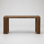 Estuary Console in solid reclaimed elm with rich grain, knots, and weathered texture.