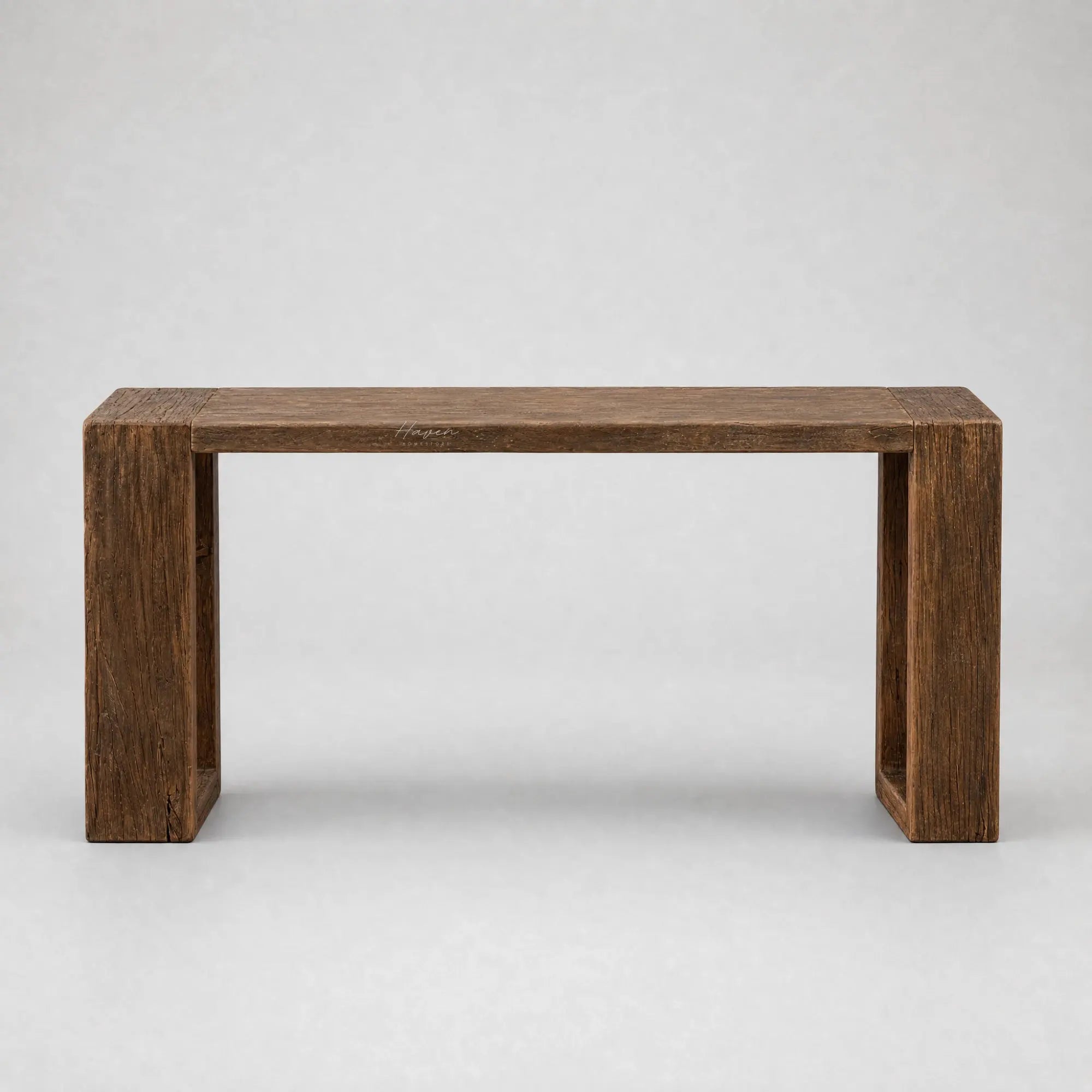 Estuary Console in solid reclaimed elm with rich grain, knots, and weathered texture.