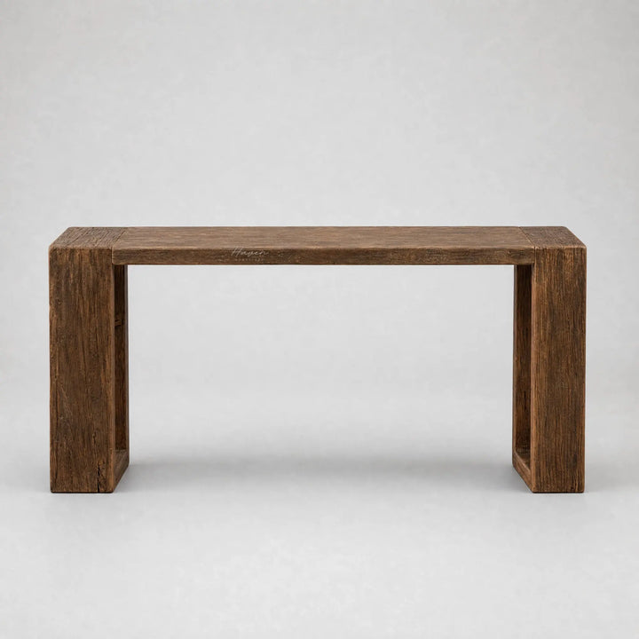 Estuary Console in solid reclaimed elm with rich grain, knots, and weathered texture.