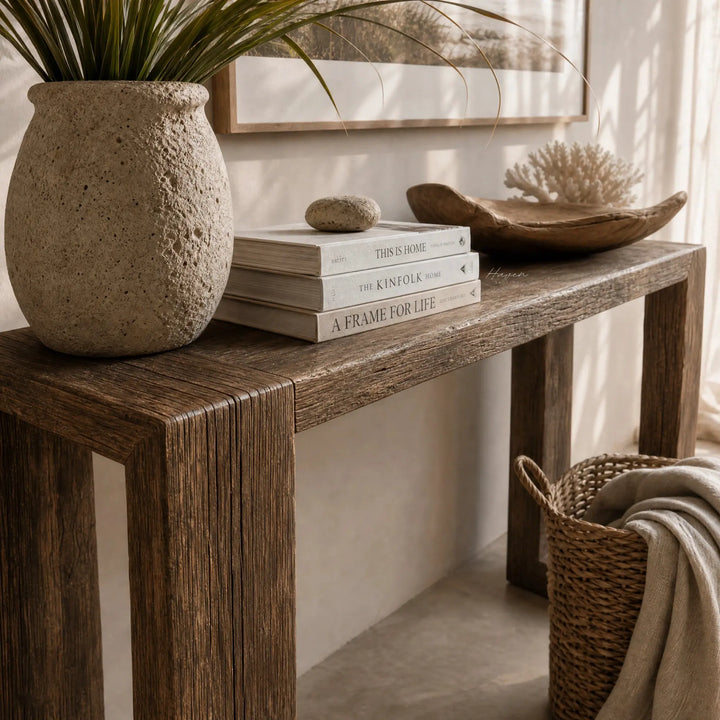 Estuary Console in solid reclaimed elm with rich grain and weathered textures, paired with plants and books.
