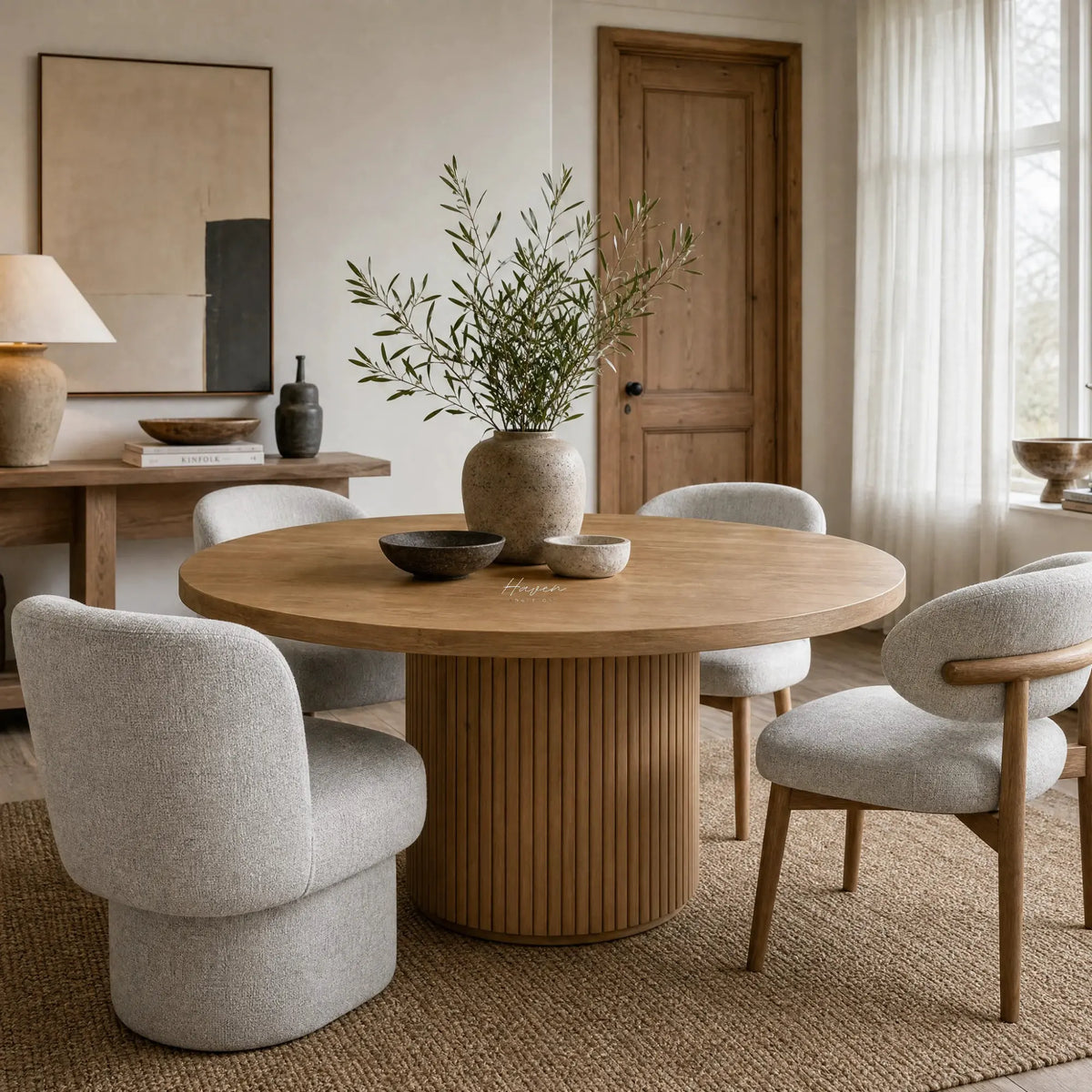 Linden Dining Table with a 140cm round top in warm wood, set in a neutral dining room.