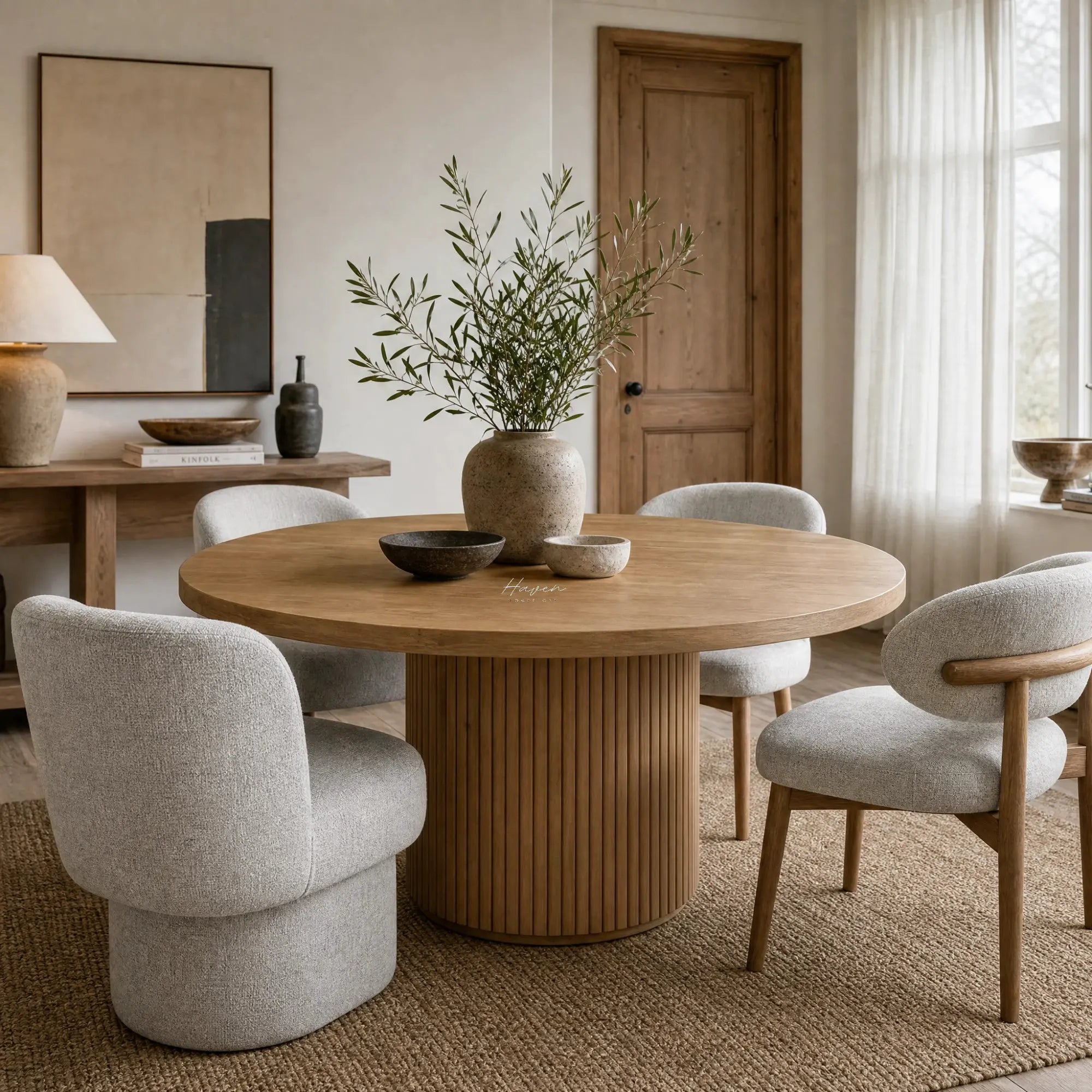 Linden Dining Table with a 140cm round top in warm wood, set in a neutral dining room.