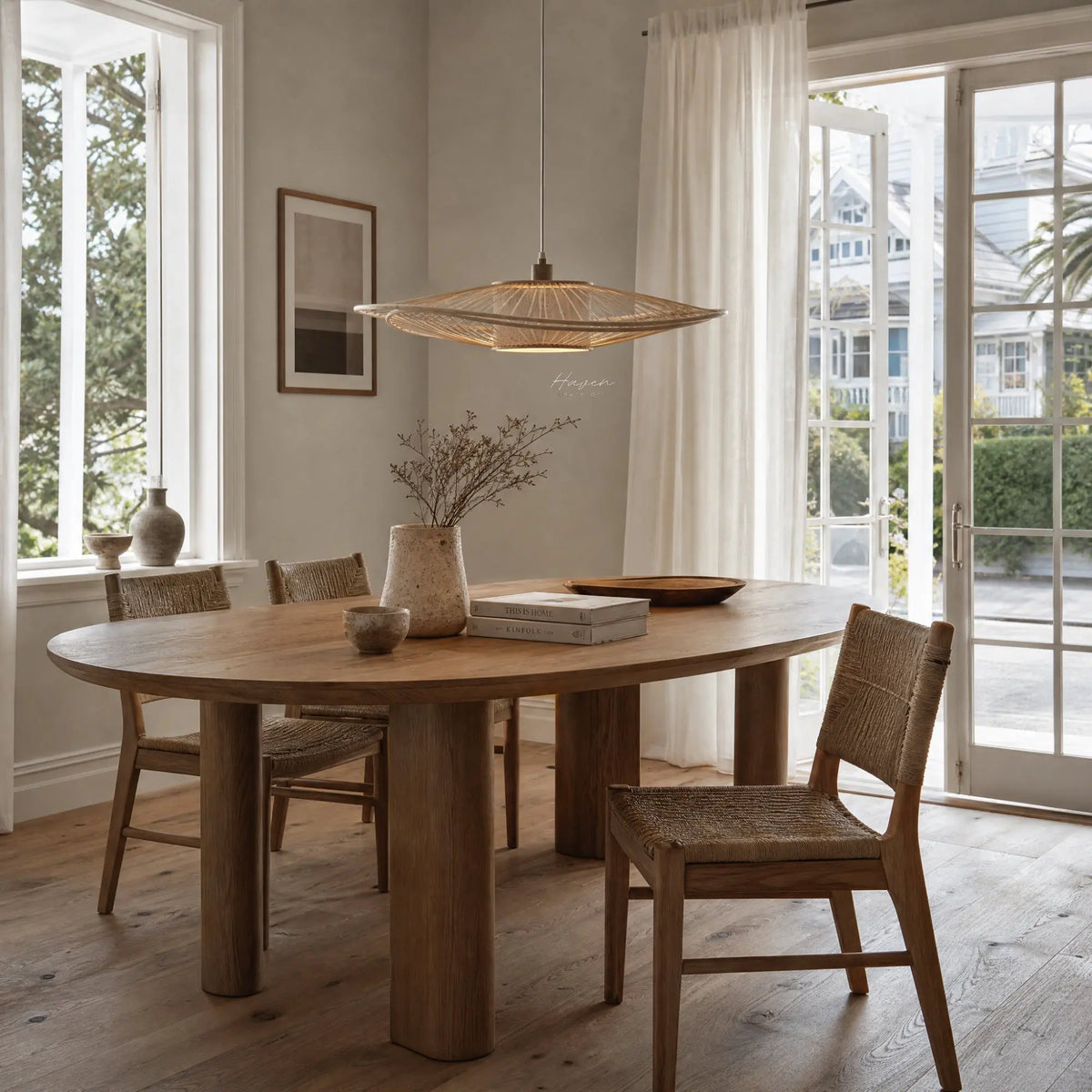 Soren Pendant Light handcrafted from natural bamboo, softly diffusing warm light over a dining table.