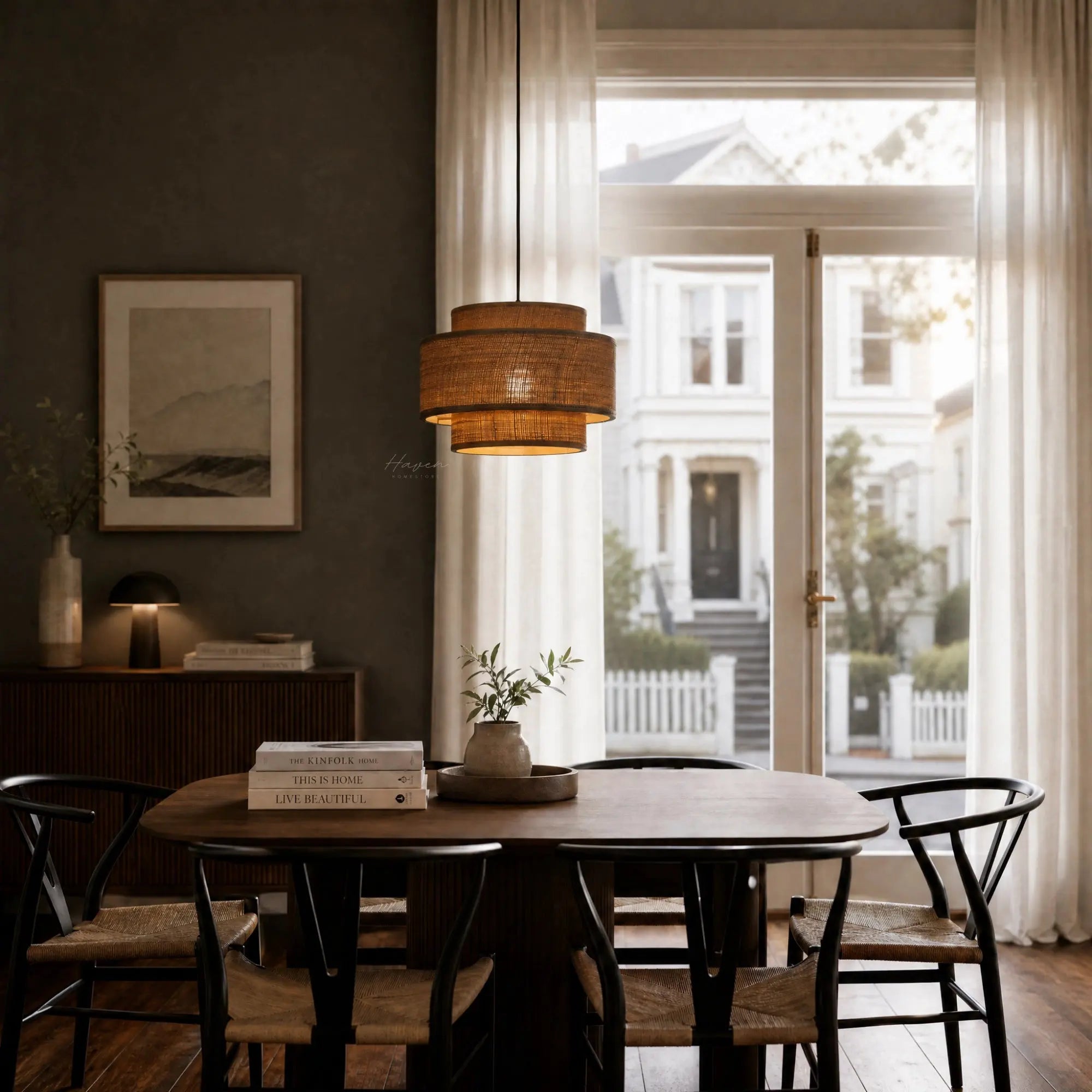 Loom Pendant Light hangs in a Japandi dining room, its woven bamboo diffuser casting warm, calm light over the table.