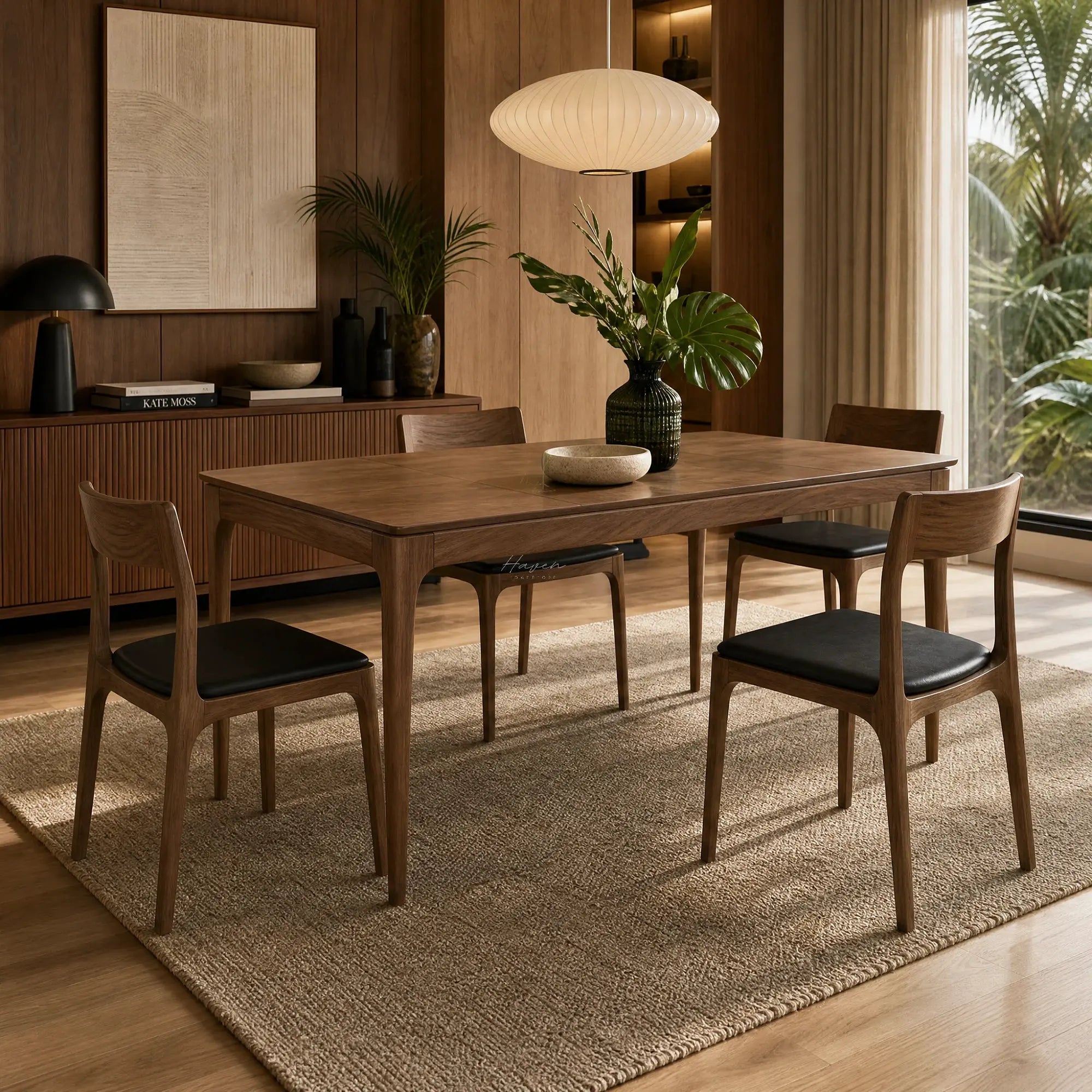 Ellison Dining Table with ash veneer top and solid ash legs, in a warm mid-century dining room.