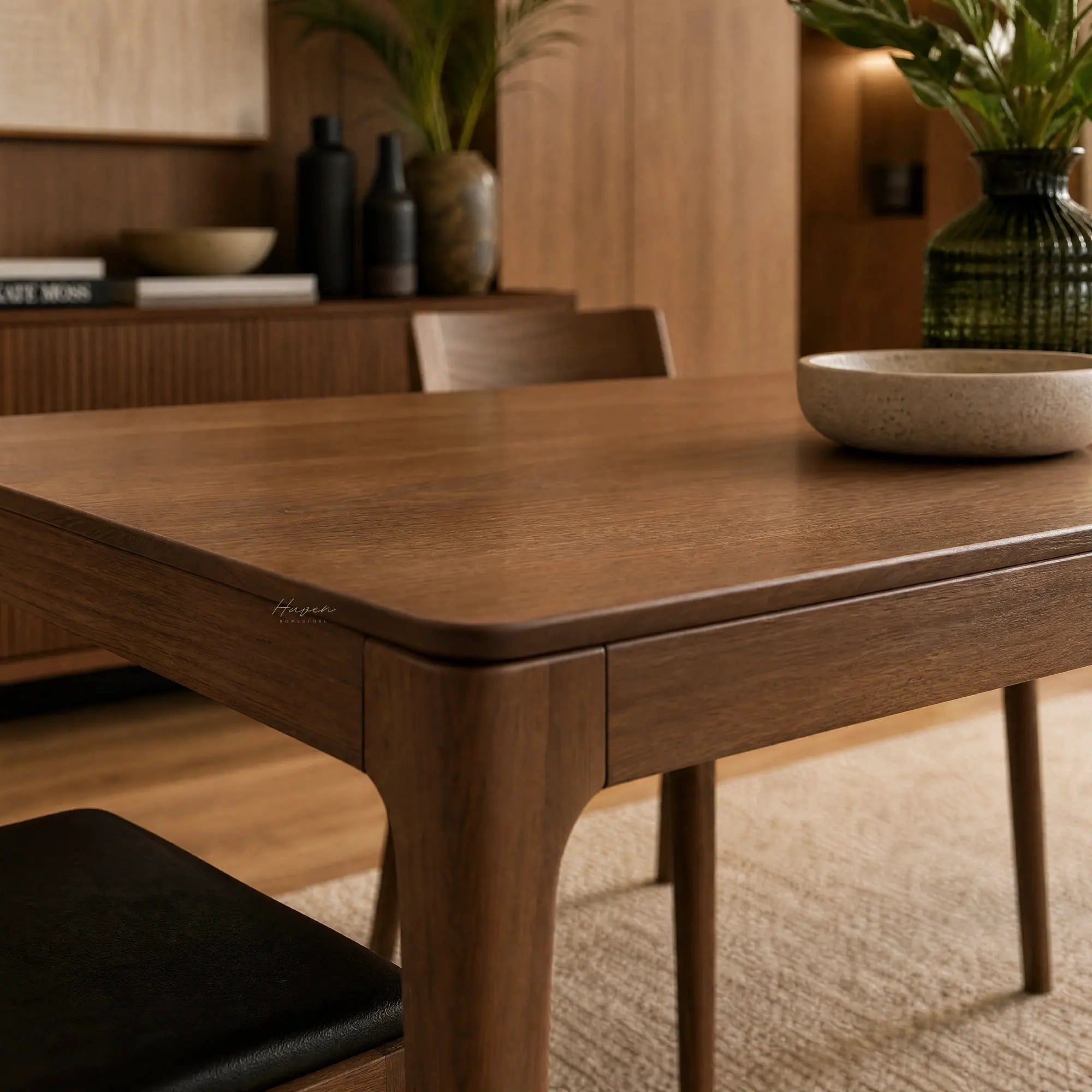 Ellison Dining Table in warm American Ash with solid ash legs and veneer top, mid-century inspired.
