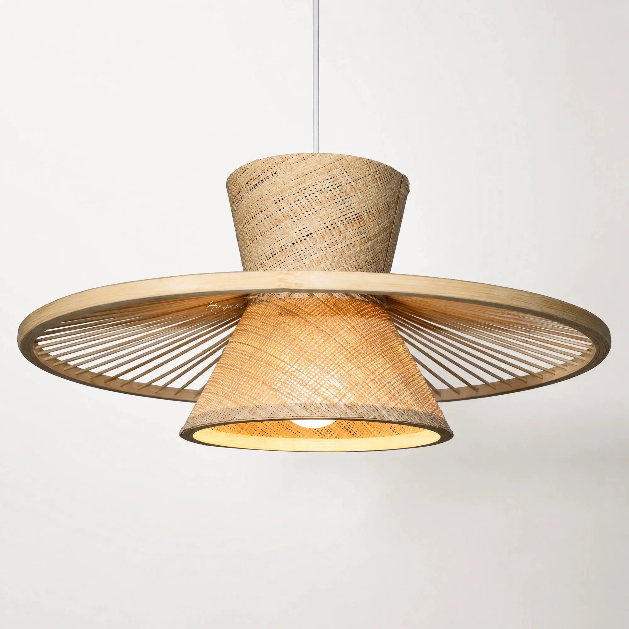 Alden Ceiling Light: sculptural woven bamboo pendant with a circular rattan frame, warm diffused glow.