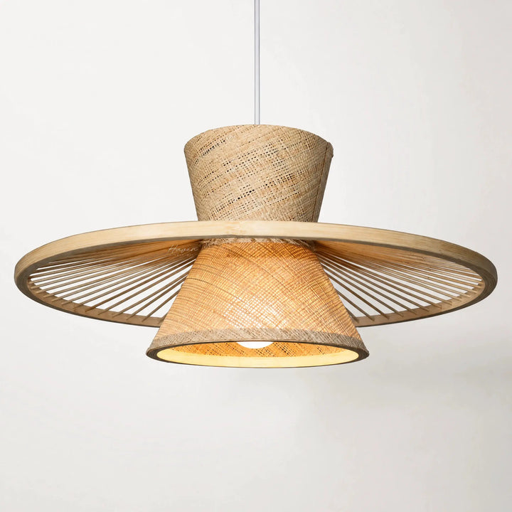 Alden Ceiling Light: sculptural woven bamboo pendant with a circular rattan frame, warm diffused glow.