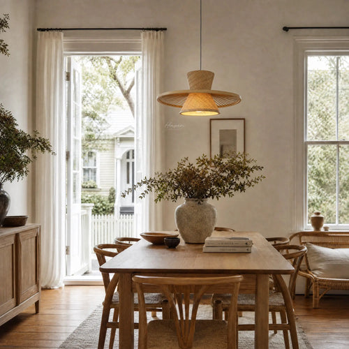 Alden Ceiling Light with woven bamboo shade over a wooden dining table, diffusing warm Scandinavian-inspired light.