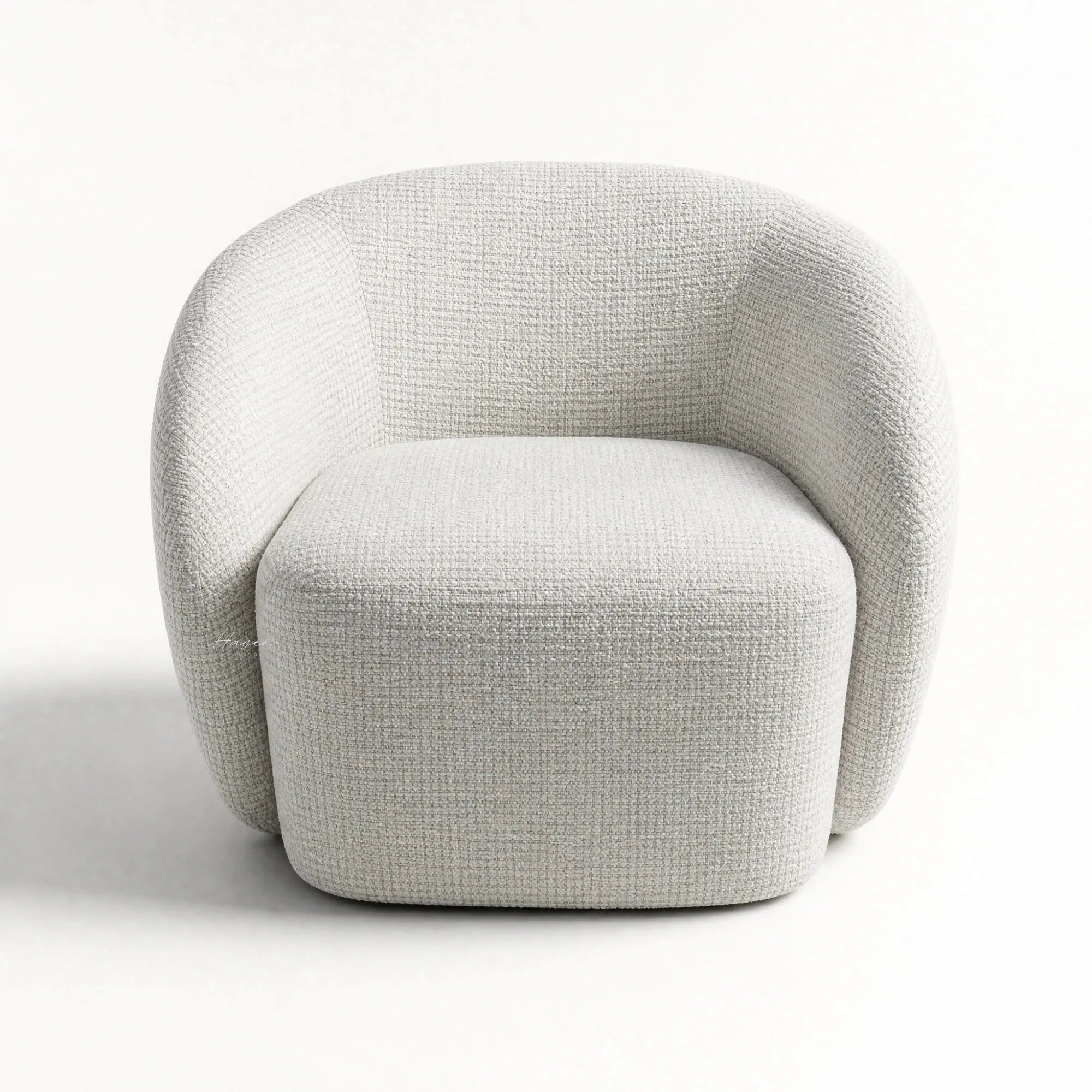 Ingrid Swivel Chair - Mist in soft textured light-gray fabric with a curved silhouette and plush cushioning.