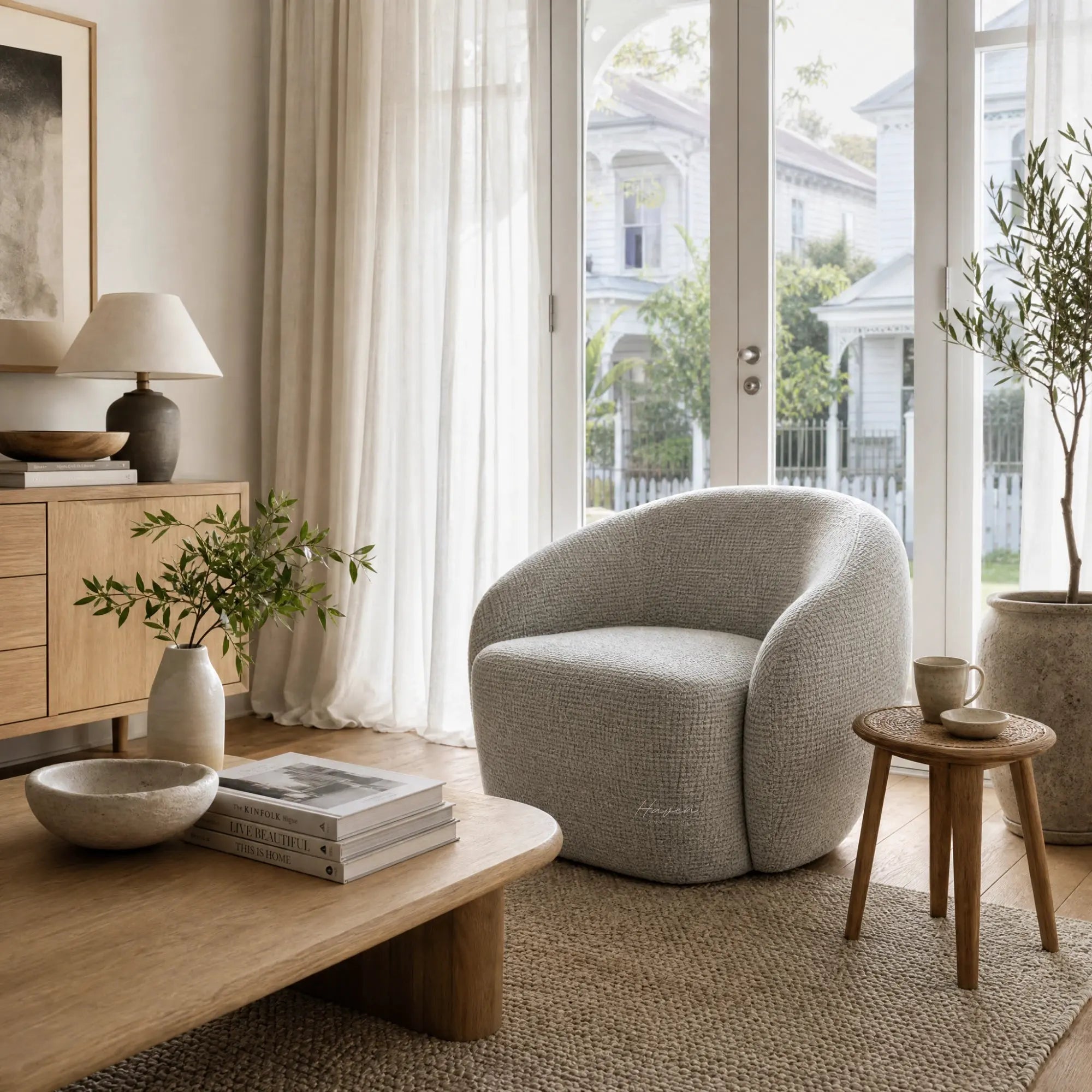Ingrid Swivel Chair - Mist with textured upholstery and soft curved silhouette in a sunlit living room.