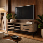 Atlas Entertainment Unit in natural oak with metal accents, open shelves and drawers for a media centerpiece