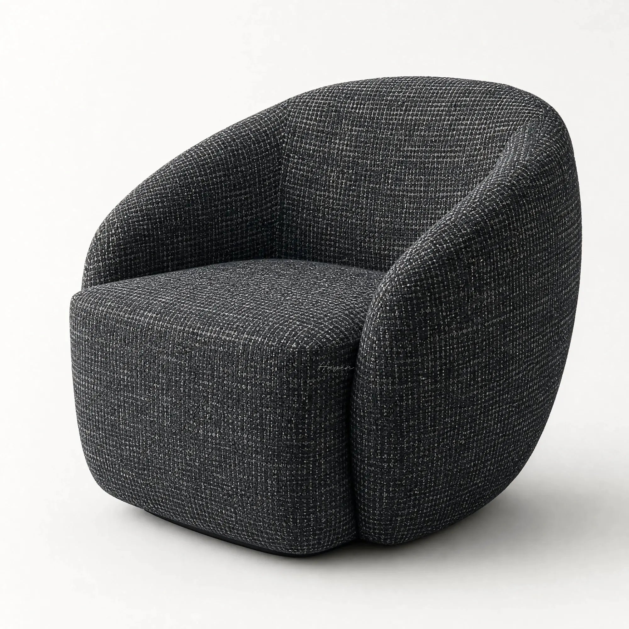Ingrid Swivel Chair Basalt, close-up of curved silhouette with textured poly-mix upholstery.