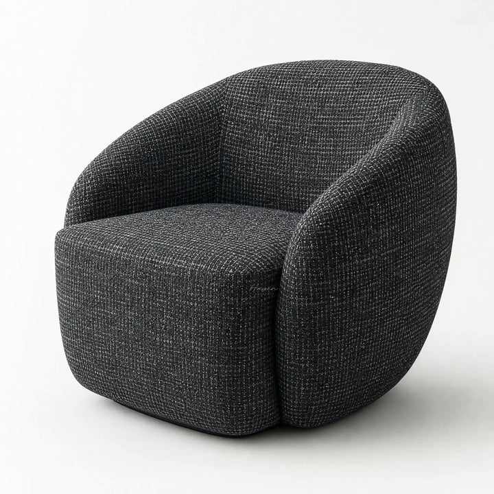 Ingrid Swivel Chair Basalt, close-up of curved silhouette with textured poly-mix upholstery.