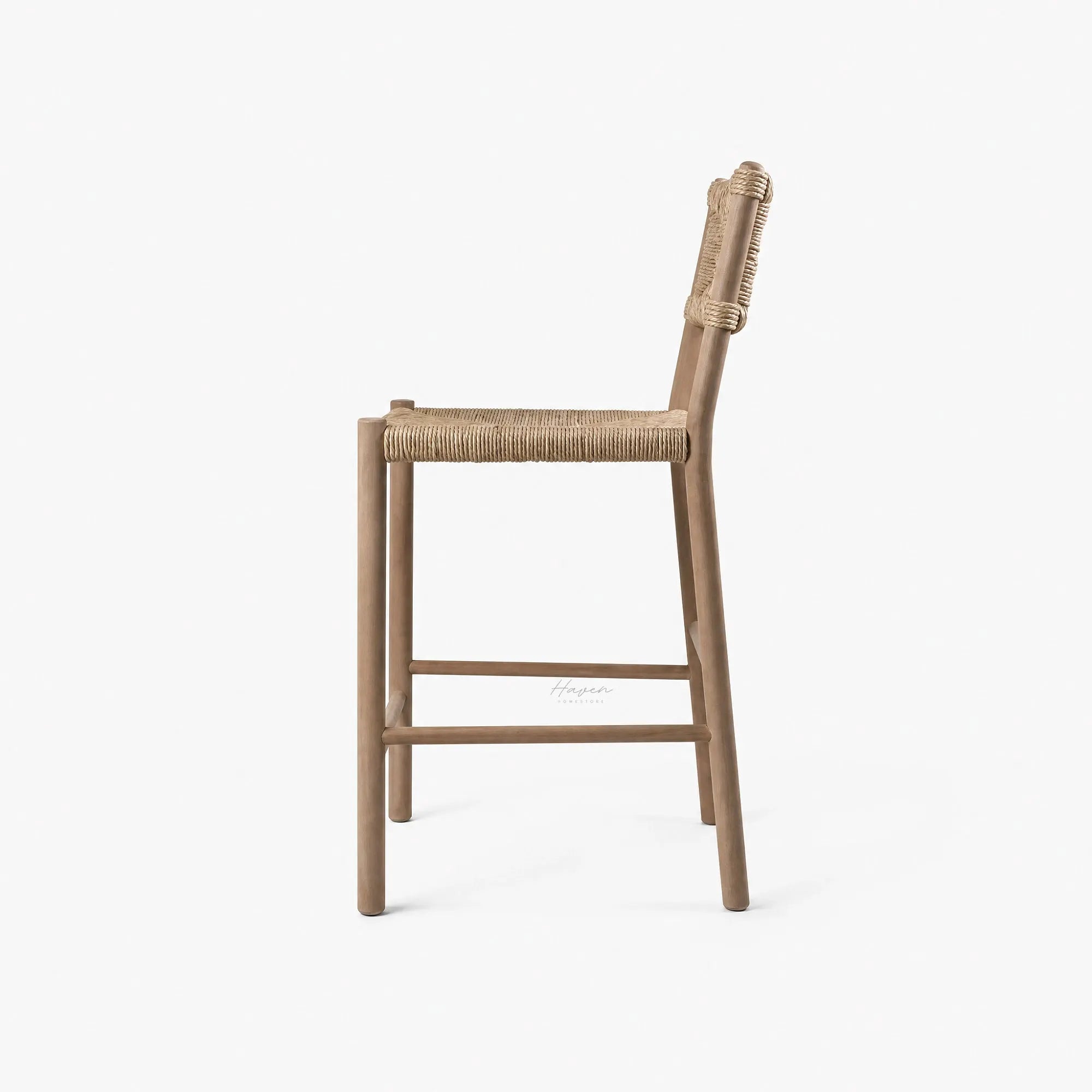 Drift Counter Stool in natural oak with handwoven seagrass seat and backrest, rope accents.