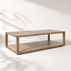 Driftwood Coffee Table with clean lines, solid ash, open lower shelf, coastal-inspired design.