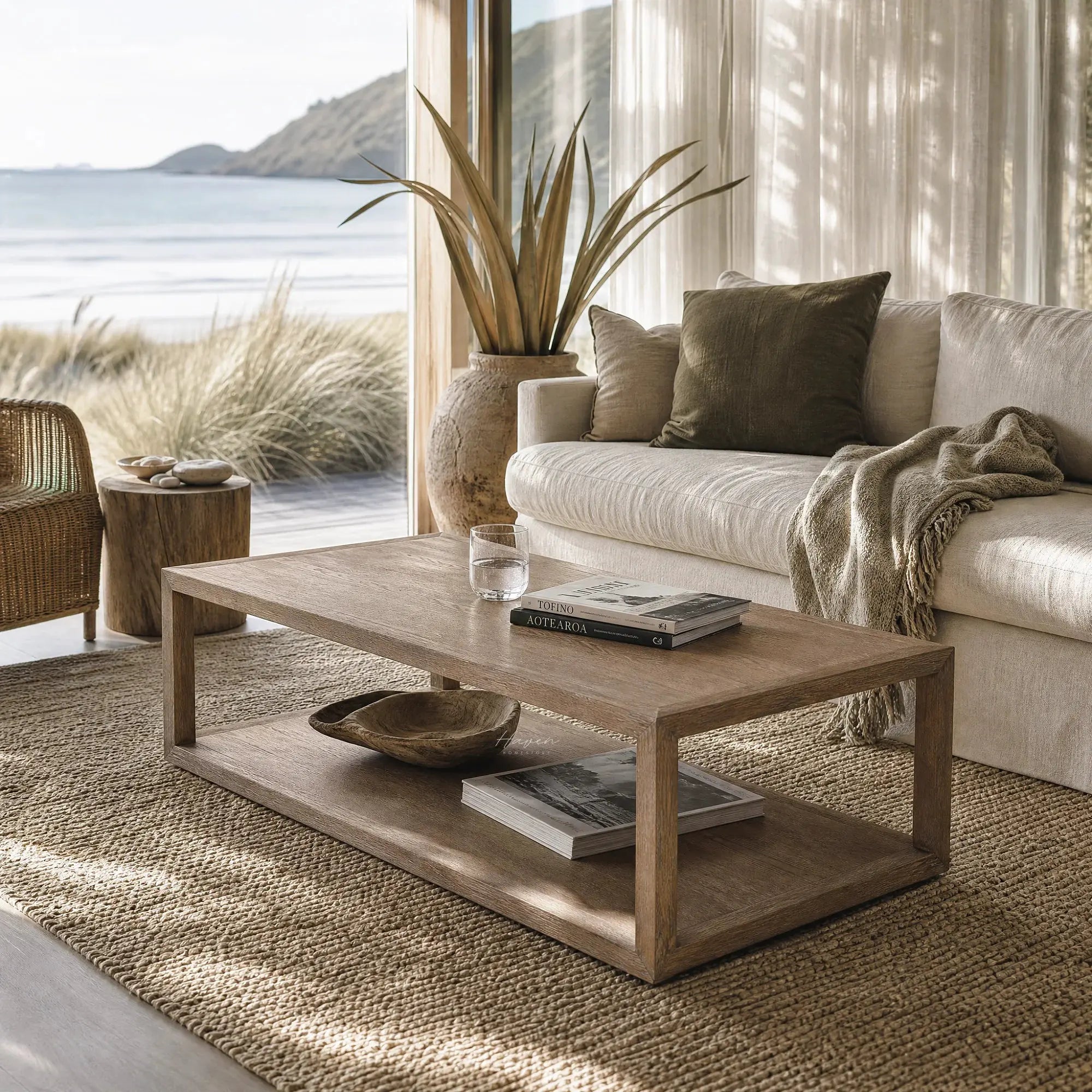 Driftwood Coffee Table in solid ash with open lower shelf, set in a coastal living room by the ocean.