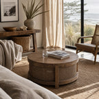 Ubud Coffee Table in bleached elm with handwoven rattan, round centerpiece in a cozy living space.