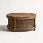 Ubud Coffee Table with a round bleached-elm top and handwoven rattan sides.