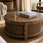 Ubud Coffee Table with bleached elm top and handwoven rattan base, round, in warm living room with glass and magazines.