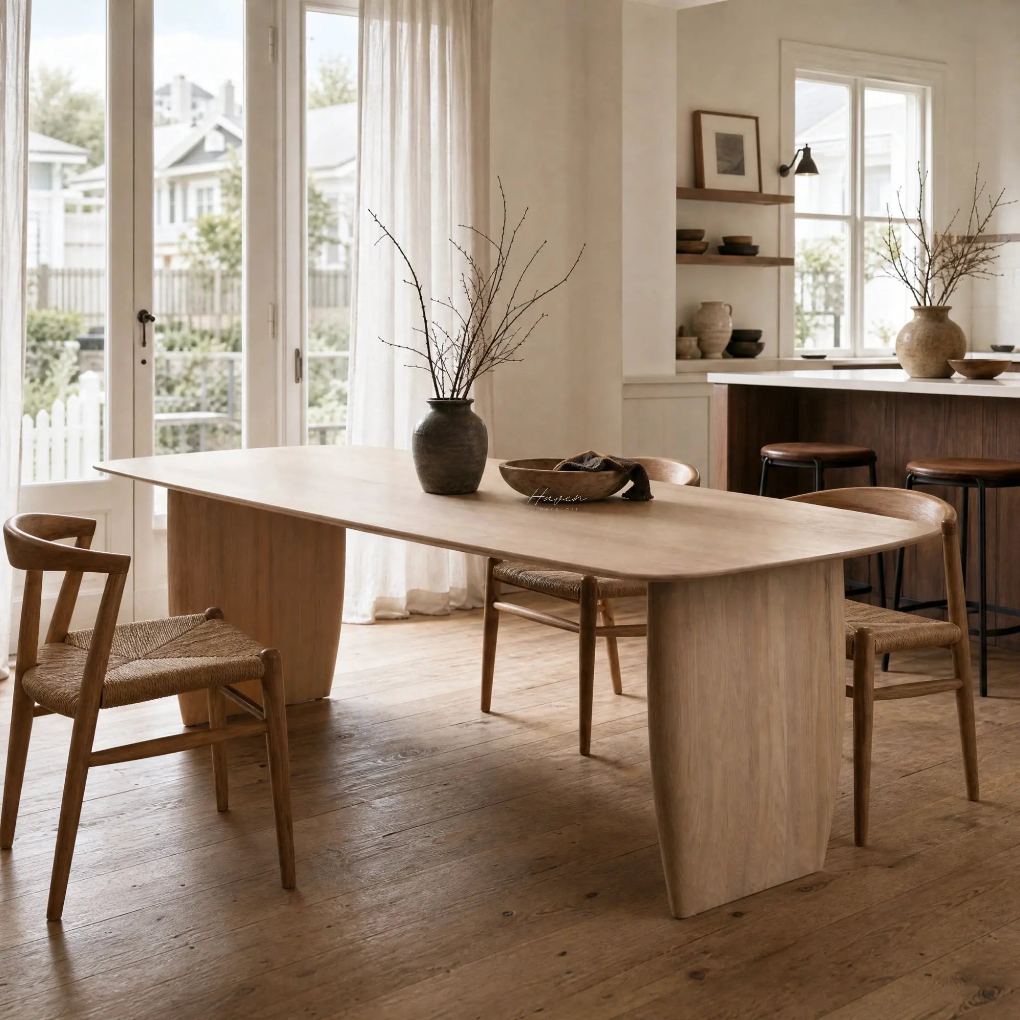 Alva Dining Table in solid ash with milkwash finish in a Nordic-style dining room.