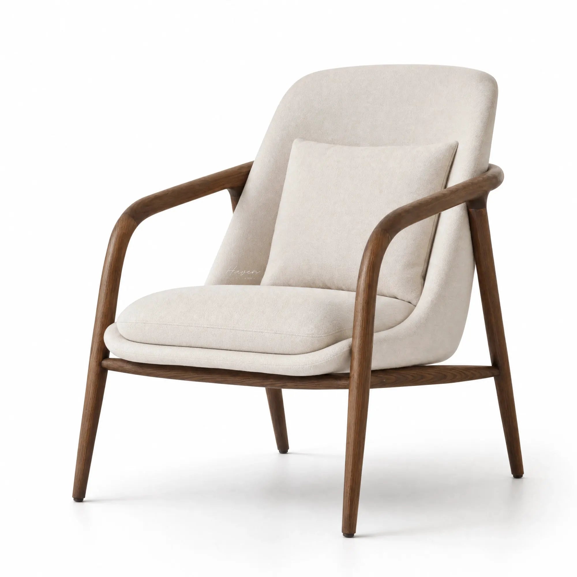 Lund Armchair in solid ash wood with cream polyester upholstery and a plush cushion, Scandinavian design.